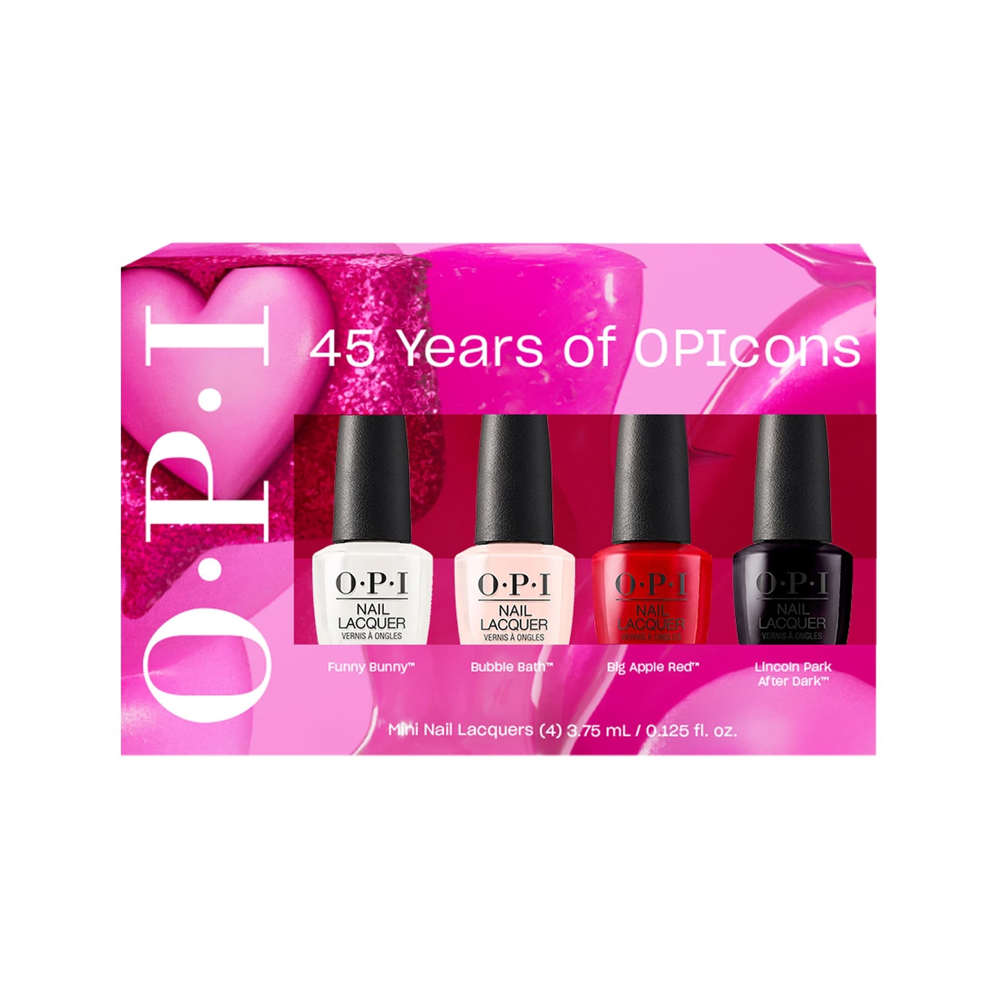 Plum OPI Nail Lacquer Icons 45th Anniversary 4PC Mini Pack | 4 Crème Iconic Shades, Chip Resistant Nail Polish Gift Set | Funny Bunny, Bubble Bath, Big Apple Red, & Lincoln Park After Dark