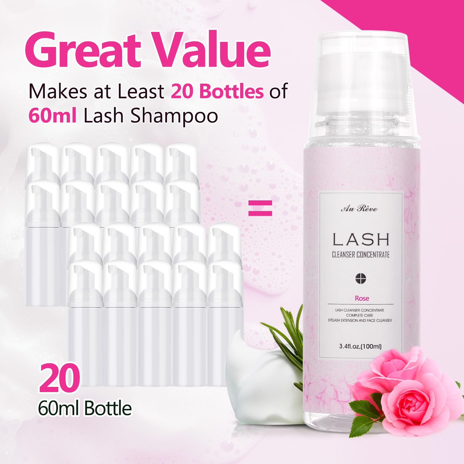 Lavender AuReve Eyelash Cleanser Concentrate 100ml Lash Extension Shampoo Oil-Free Eyelash Extension Shampoo with Salon Home Care -Makes 20 Bottles 60ml Lash Shampoo, Rose