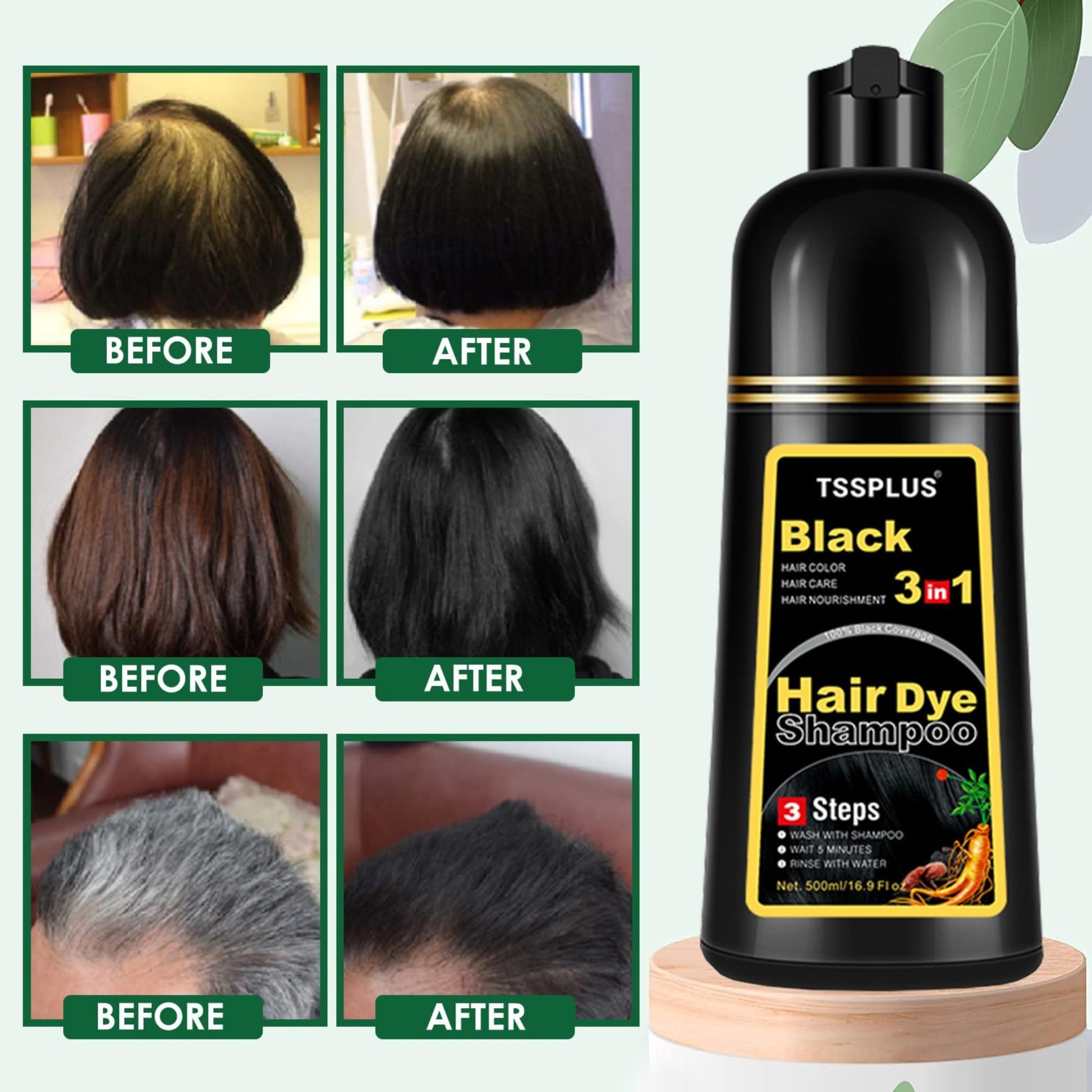 Black TSSPLUS Black Hair Dye Shampoo, 500ml - Organic Natural Hair Color Dye Shampoo for Women & Men, Instant Gray White Hair Cover, Plant Essence, Semi-Permanent