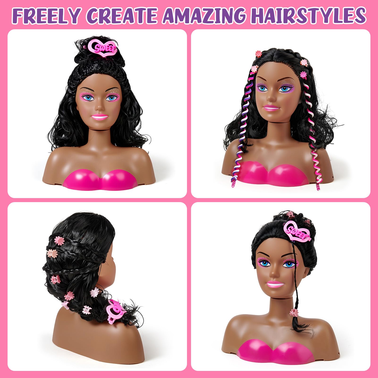 White Smoke Cleboen Hair Styling Doll Head Makeup Kit for Girls Toys, 35PCS Kids Hair Salon Pretend Playset with Hairdryer Straightener Headwears & Real Makeup Nail Polish, Birthday Gifts for Girls 3 4 5 6 7 8+