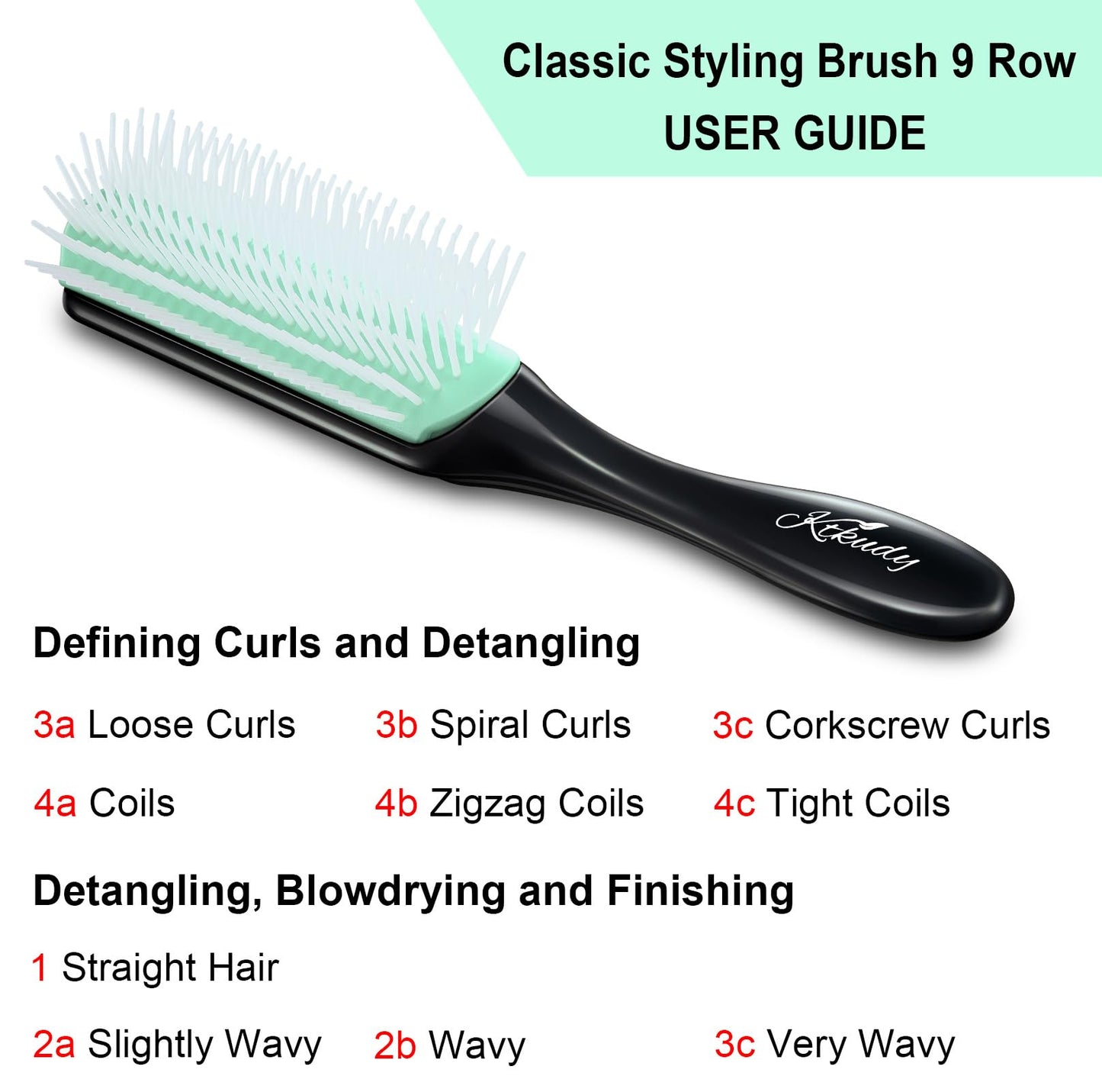 White Smoke Curly Hair Brush Styling Brush 9 Row for Detangling & Defining Curls KTKUDY Hair Brush for Separating, Shaping Curls - Blow-Drying, Styling & Finishing Brush for Wavy, Curly or Coily Hair