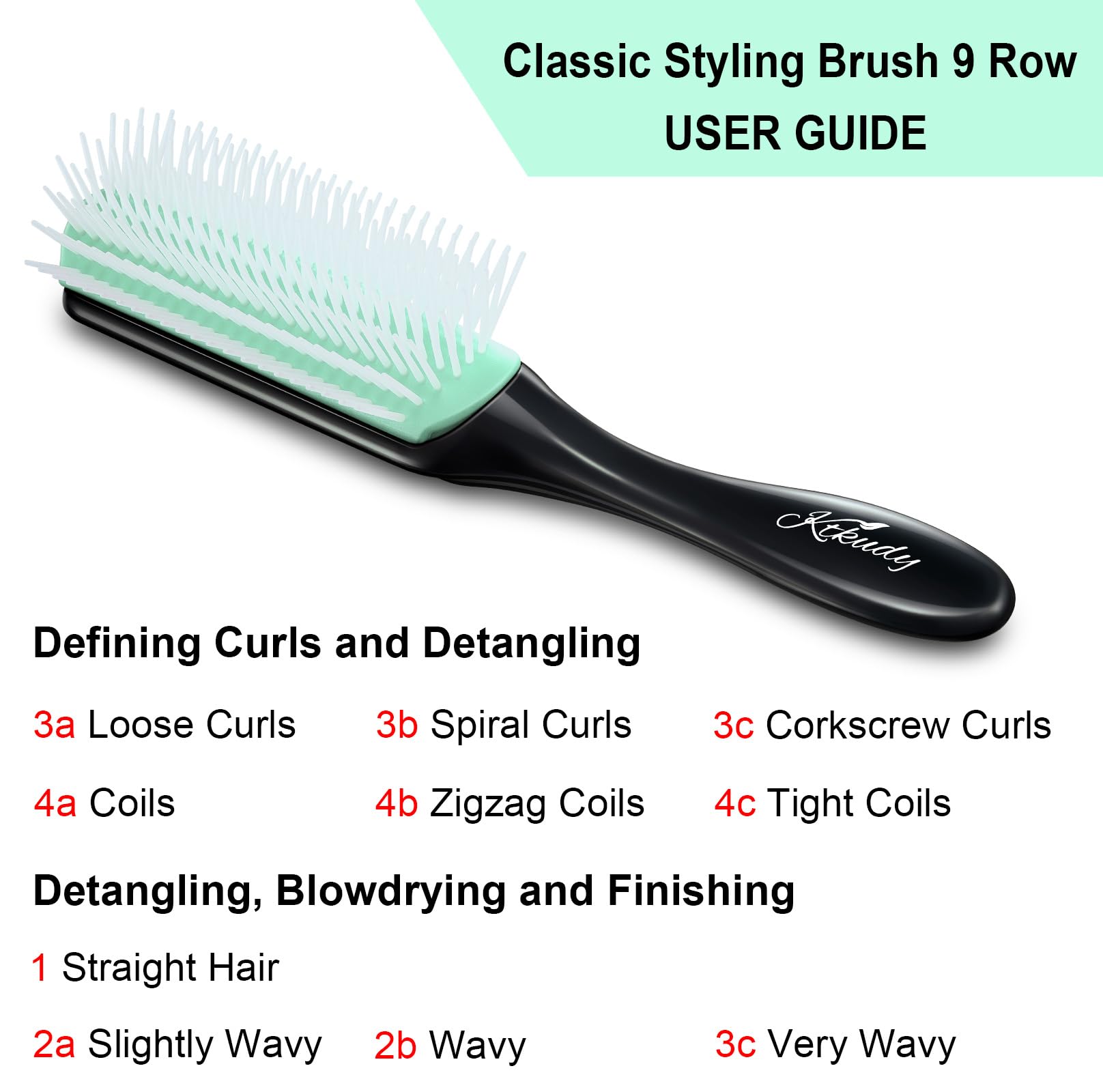 White Smoke Curly Hair Brush Styling Brush 9 Row for Detangling & Defining Curls KTKUDY Hair Brush for Separating, Shaping Curls - Blow-Drying, Styling & Finishing Brush for Wavy, Curly or Coily Hair