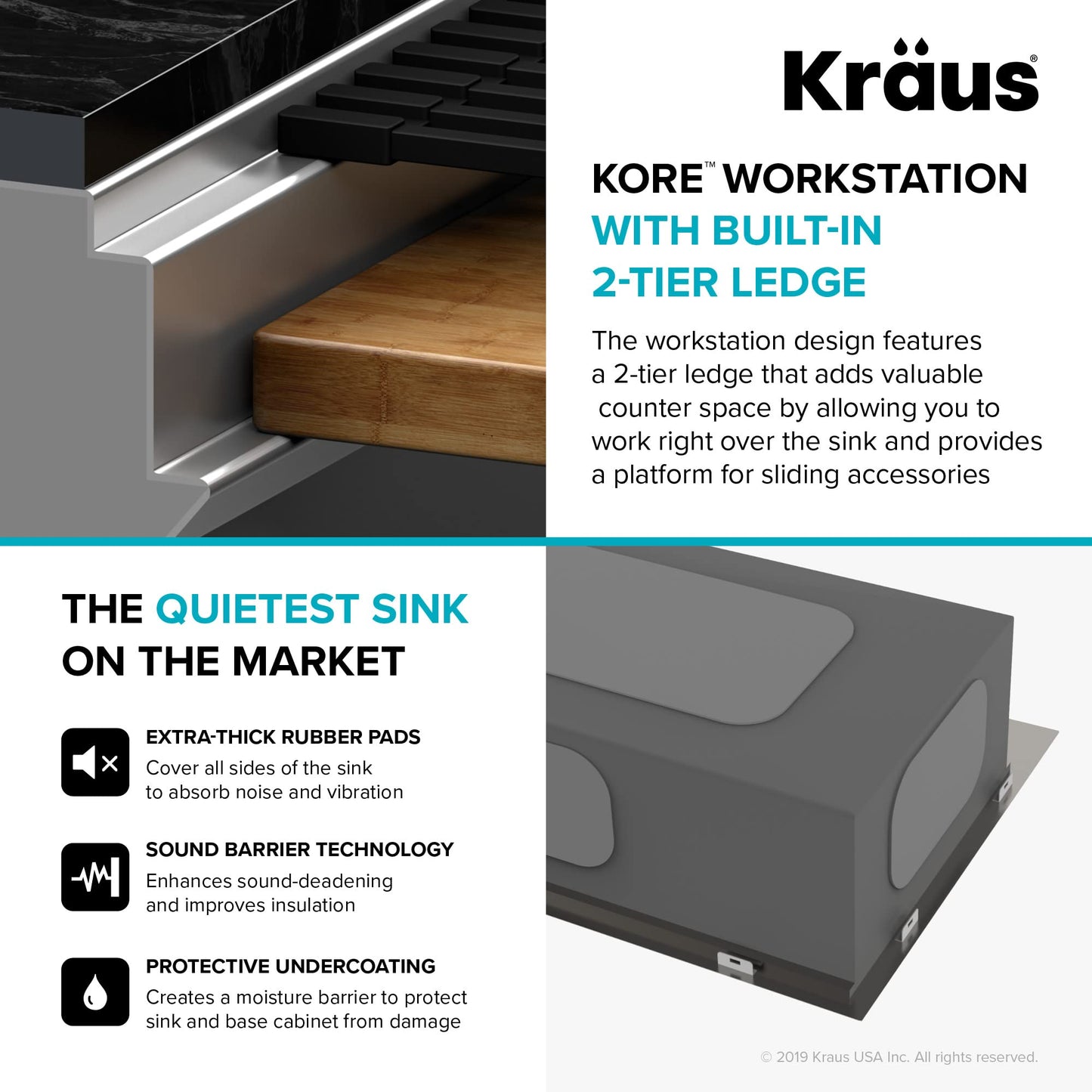 White Smoke KRAUS Kore Workstation 45-inch Undermount 16 Gauge Stainless Steel Kitchen Sink, Single Bowl Kitchen Sink with Accessories, KWU120-45