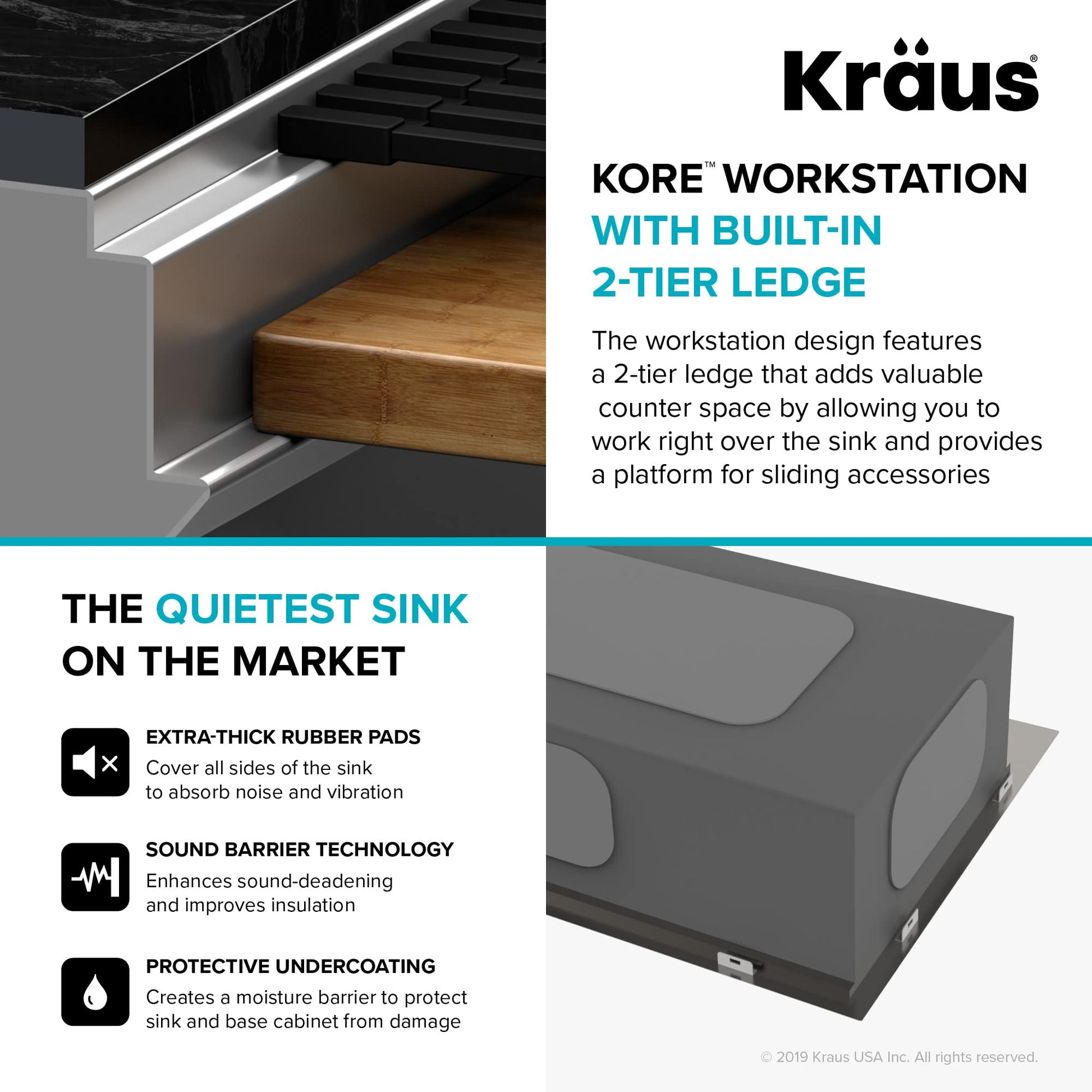White Smoke KRAUS Kore Workstation 45-inch Undermount 16 Gauge Stainless Steel Kitchen Sink, Single Bowl Kitchen Sink with Accessories, KWU120-45