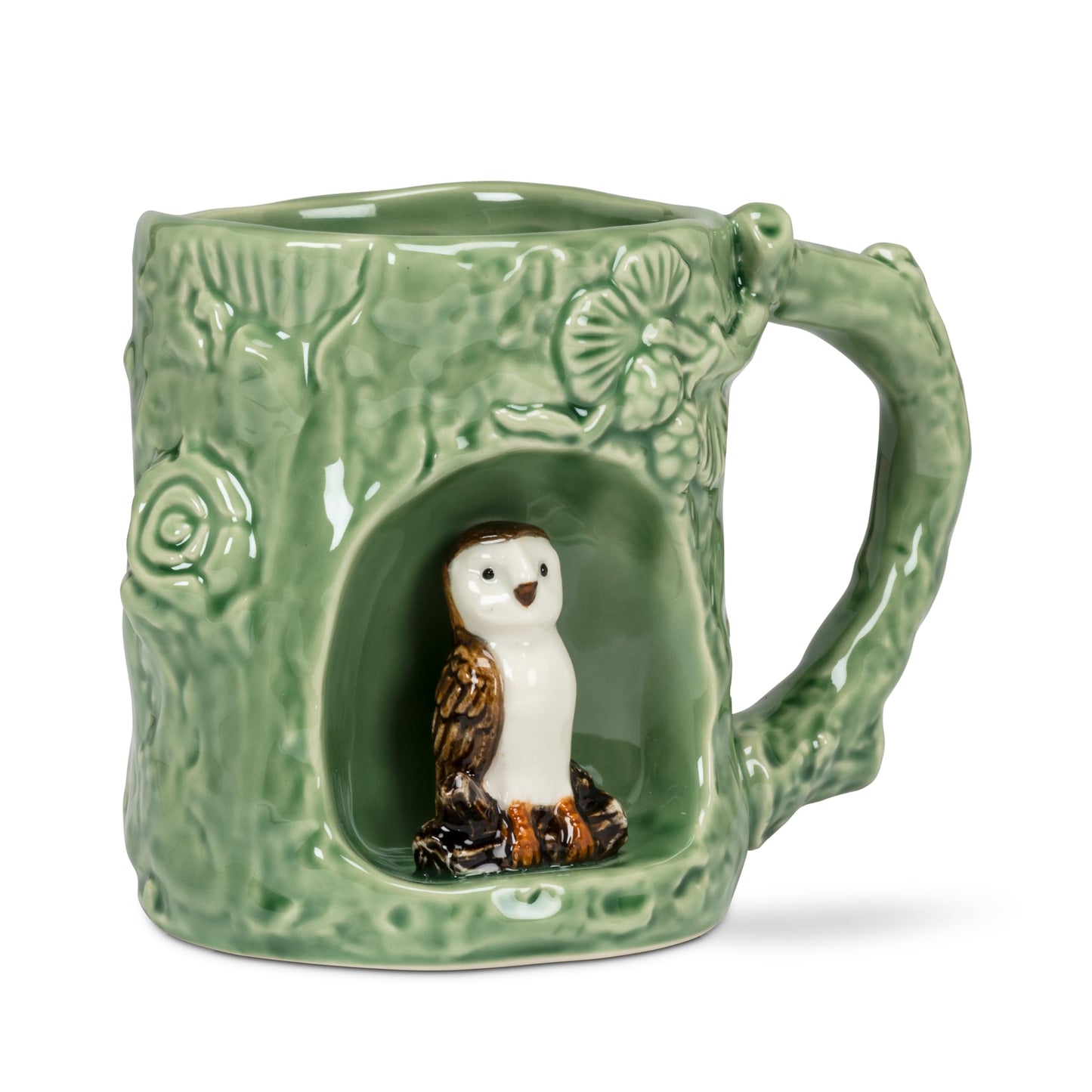 White Smoke Abbott Collection Alcove Tree Look Mug with Barn Owl - Stoneware, Green/White, 4 inches H (12oz)