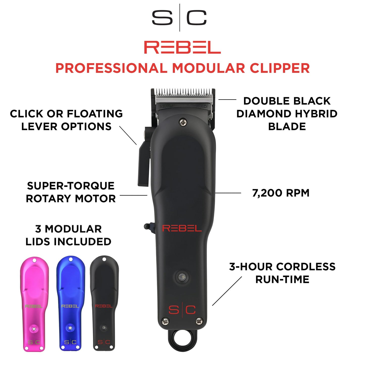 White Smoke Stylecraft Rebel Professional Super-Torque Cordless Hair Clipper, Black Diamond Carbon Fusion Faper Blades