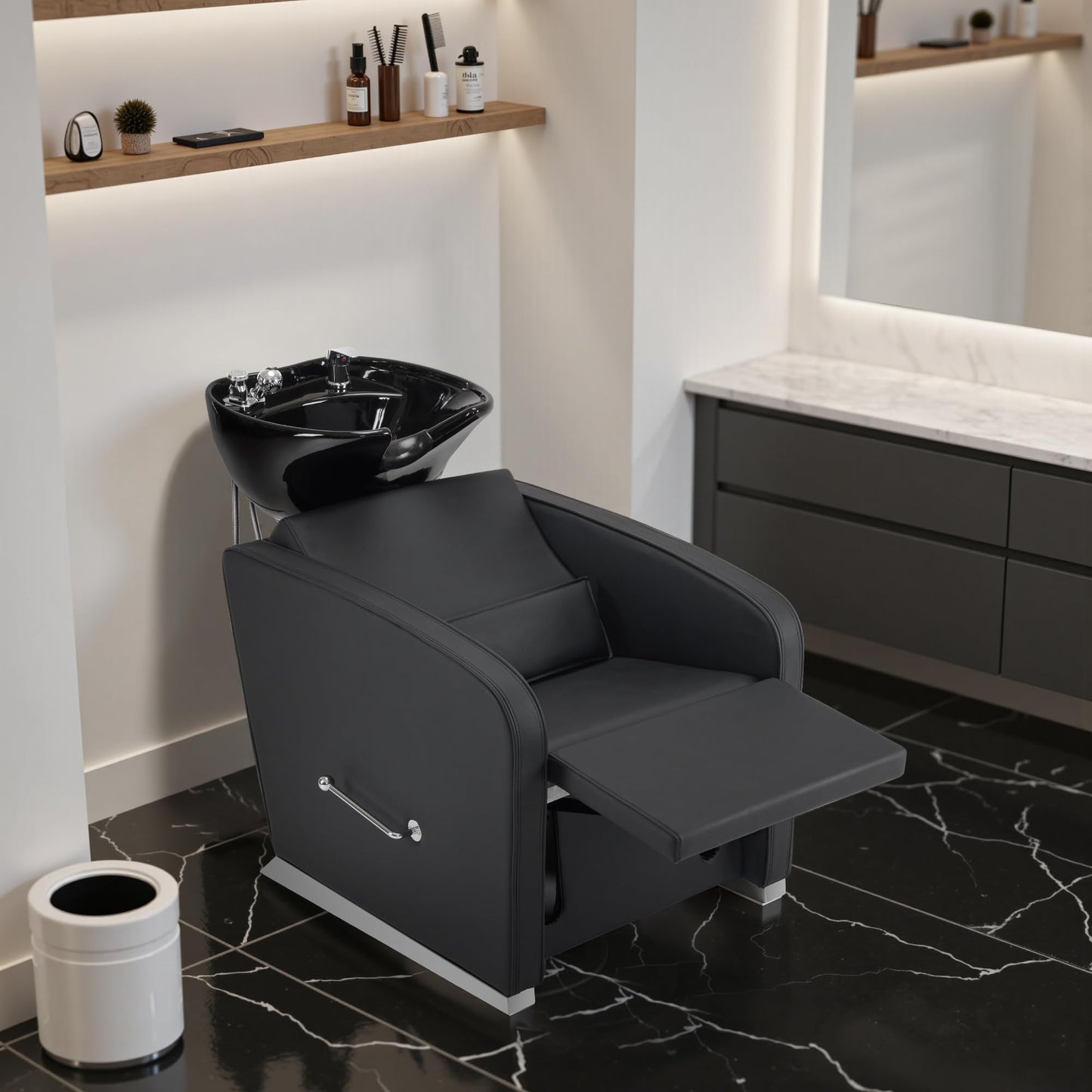 Black BarberPub Backwash Shampoo Station Chair, Adjustable Porcelain Ceramic Hair Wash Bowl Sink Unit Station, Reclining Shampoo Station Chair for Spa Beauty Salon Hair Salon Equipment 9303 (Black)