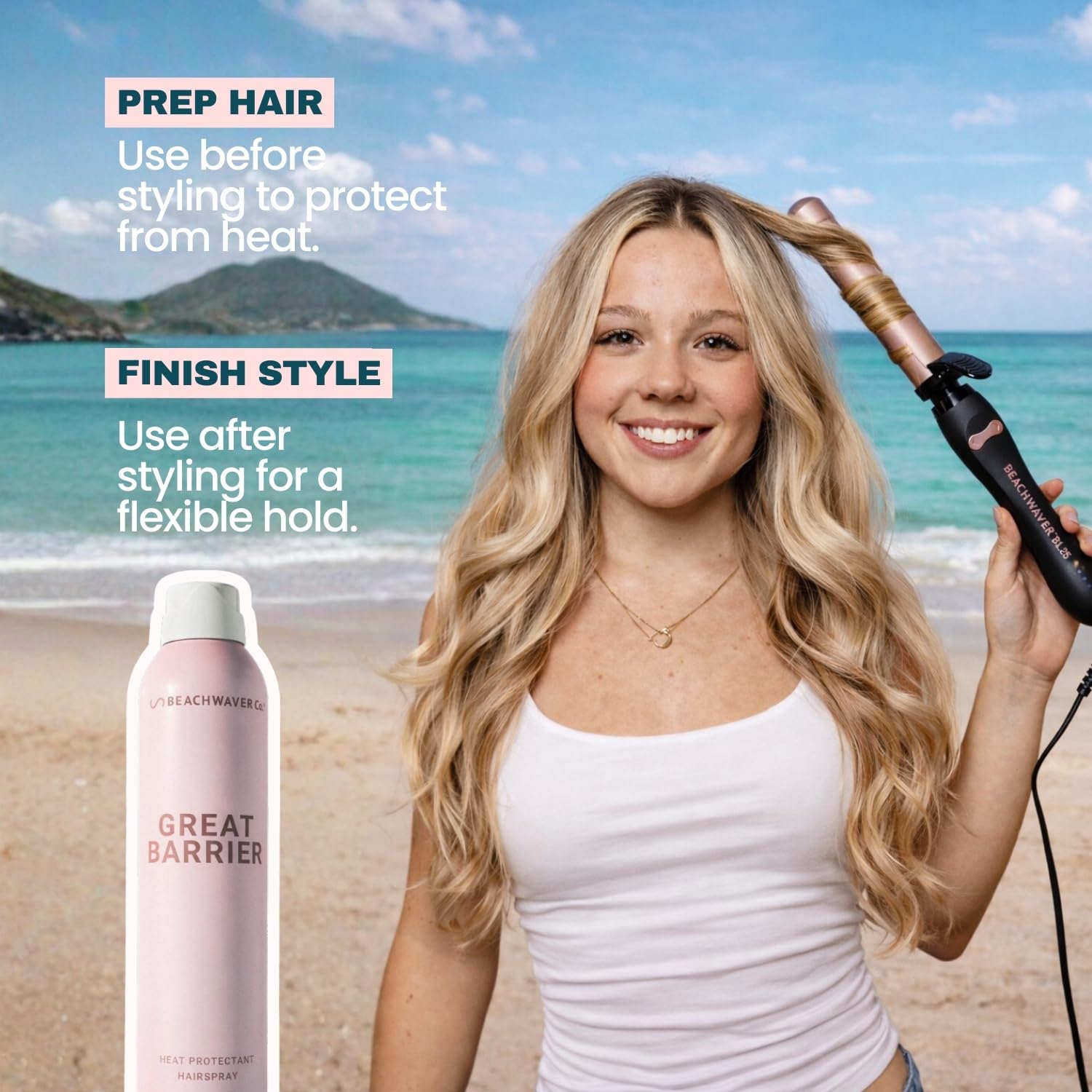 Tan The Beachwaver Co. Great Barrier Heat Protectant Hair Spray - Full Size (8.4 Oz) | Multi-Purpose Treatment for Heat Protection, Flexible Hold & No Frizz | Polynesian Pink Sugar Fragrance
