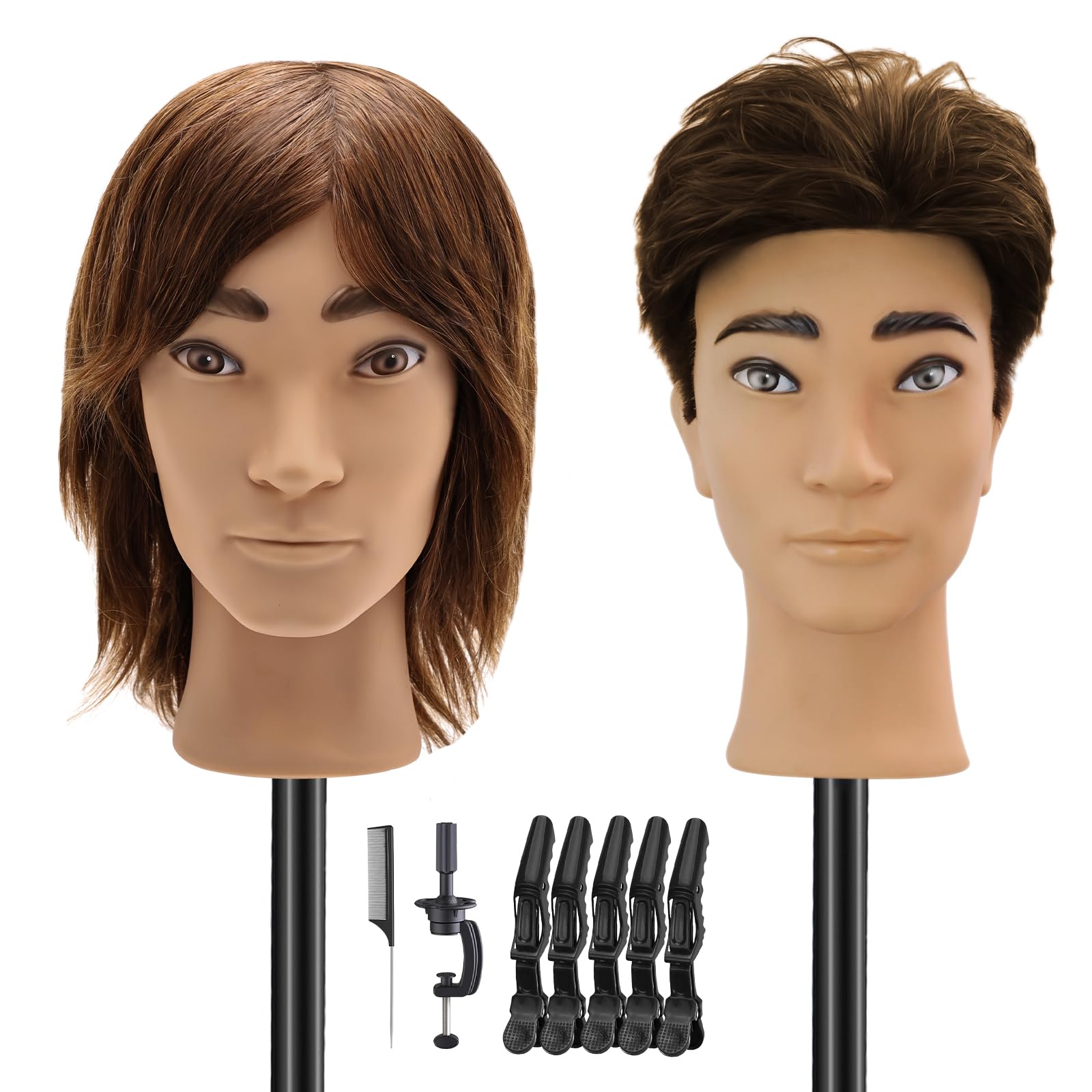White Smoke Barber Mannequin Head Male, Mannequin Head Human Hair for Practicing Haircut, Cosmetology Mannequin Head with 100% Human Hair