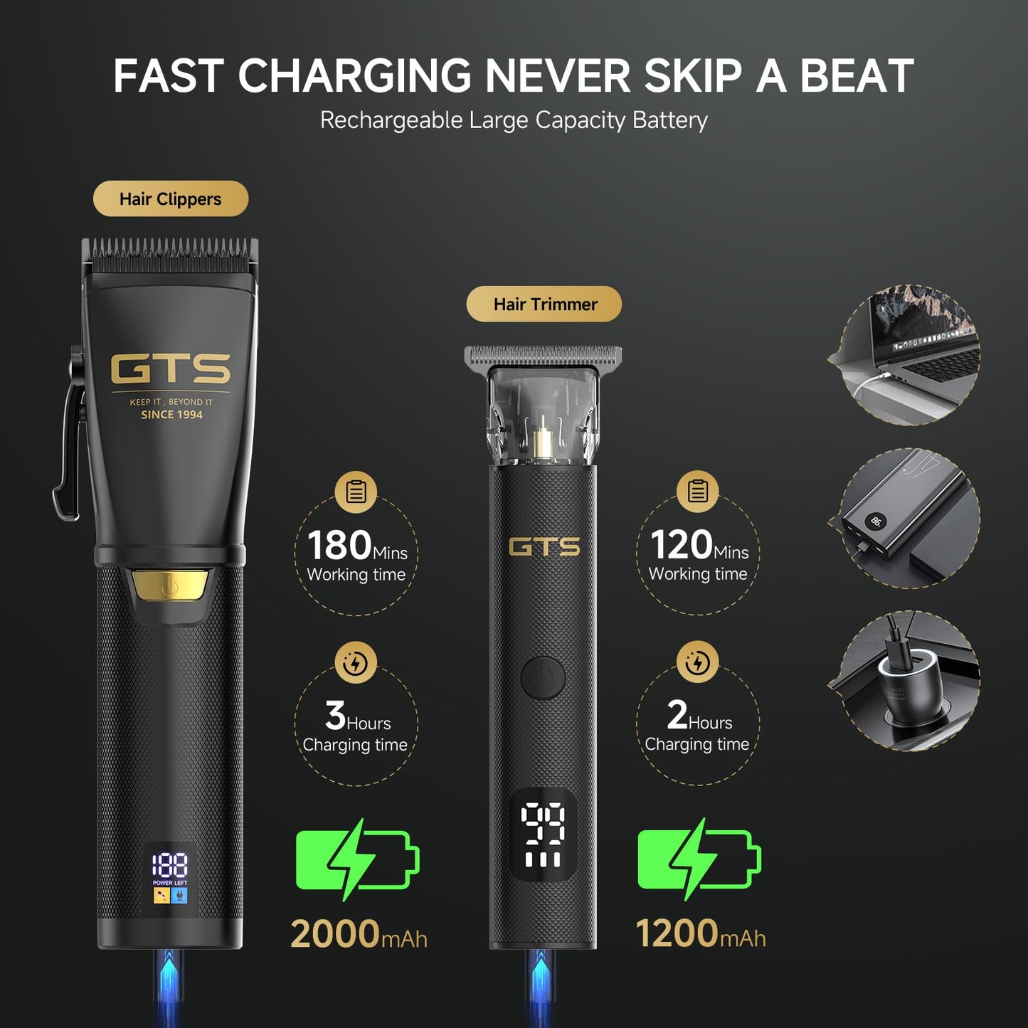 Dark Slate Gray GTSPRO Hair Clippers for Men Professional, Cordless Clippers for Hair Cutting, Mens Hair Clippers and Trimmer Kit for Barber with LED Display 15 Guide Combs