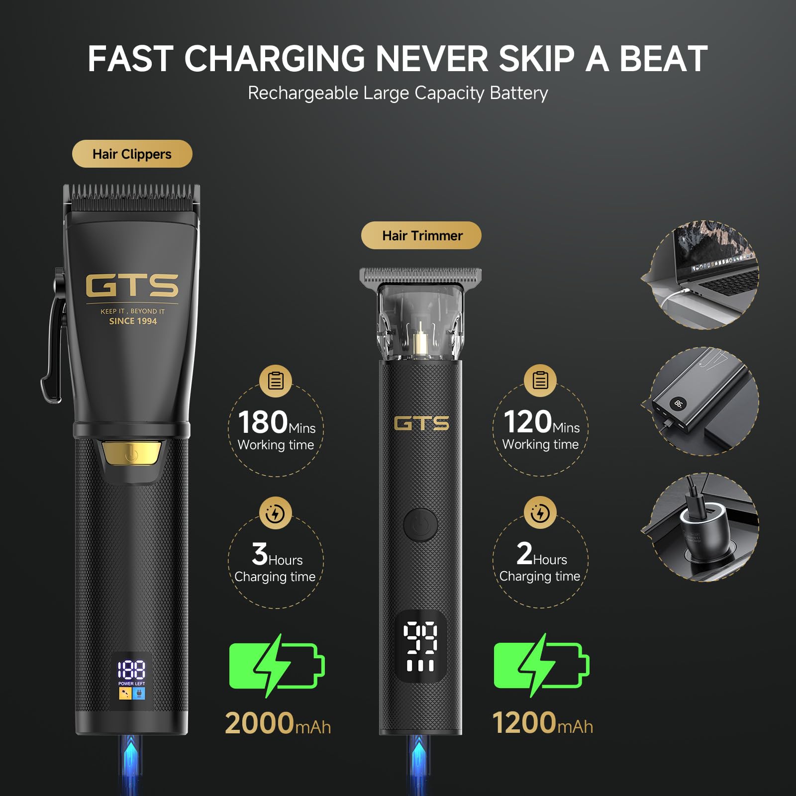 Dark Slate Gray GTSPRO Hair Clippers for Men Professional, Cordless Clippers for Hair Cutting, Mens Hair Clippers and Trimmer Kit for Barber with LED Display 15 Guide Combs