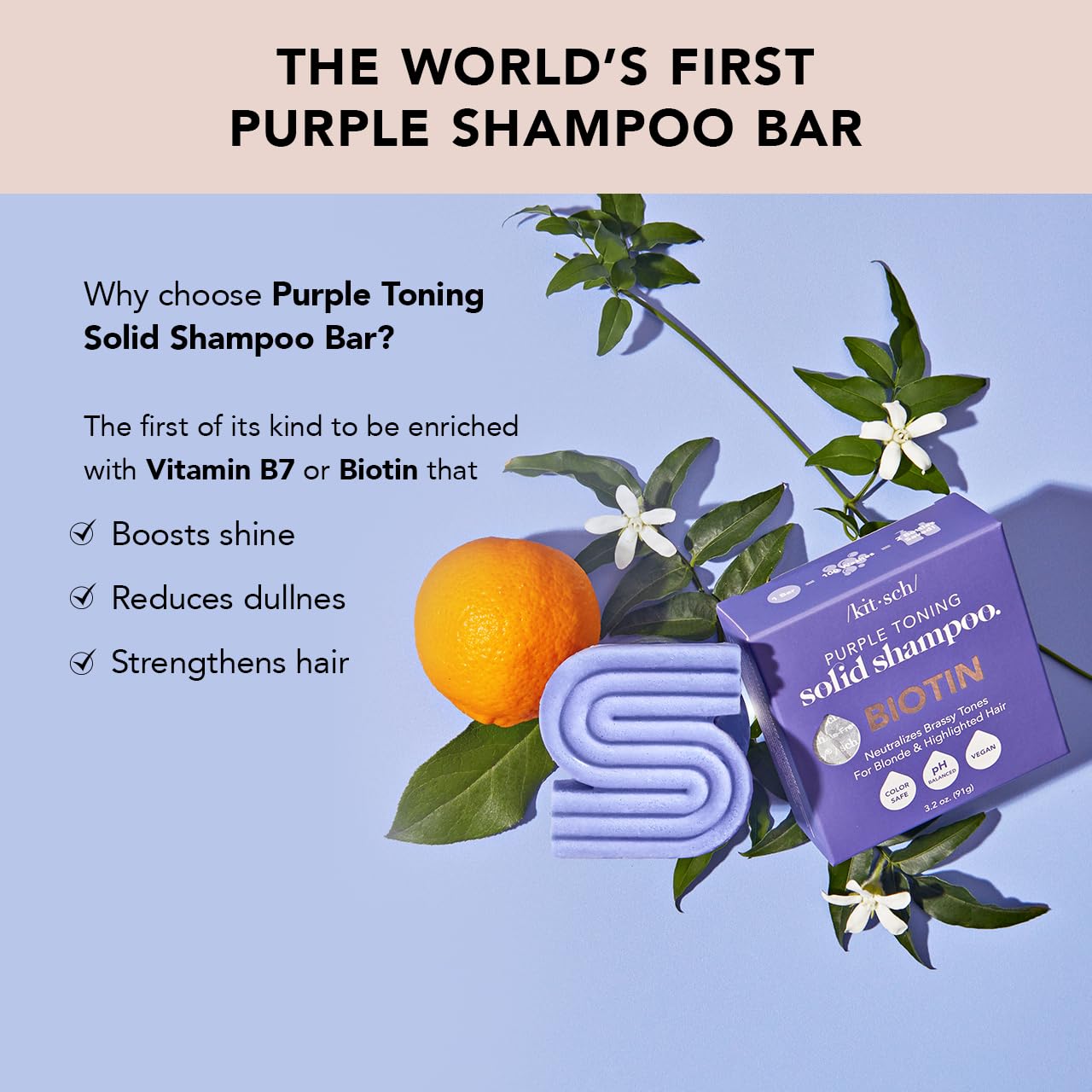 Light Steel Blue Kitsch Toning Purple Shampoo Bar For Blondes & Color Treated Hair - Shampoo For Women and Men - Biotin Shampoo for Strengthening & Neutralizing Brassy Tones - Vegan, Silicone & Sulfate Free - 3.2 oz