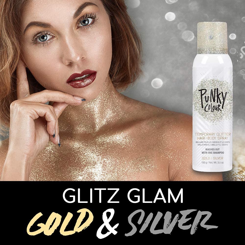 Black Punky Colour Temporary Hair and Body Glitter Spray, Gold/Silver – Glitters Hairspray, Adds Shimmery Glow, Hair Glitter for Kids, Women, Men, 3.5 oz
