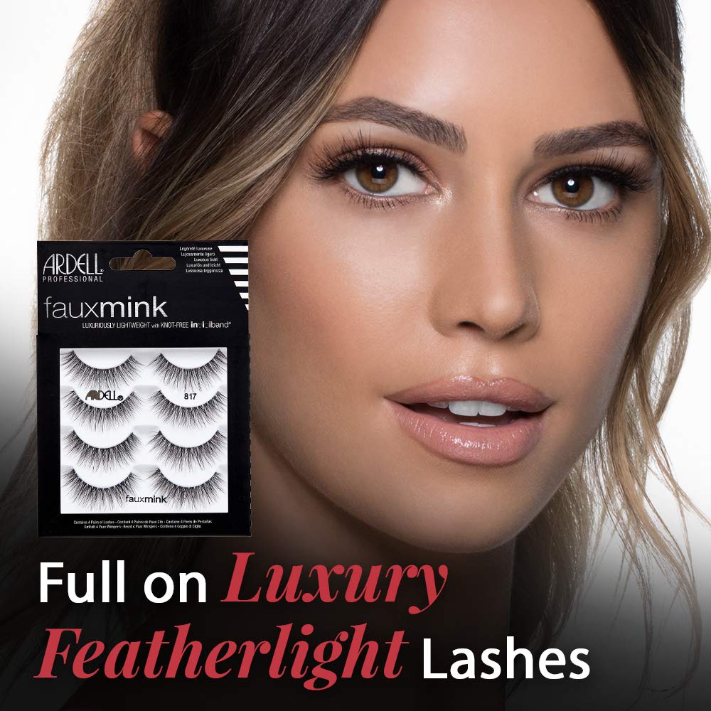 Black Ardell Faux Mink Lashes 817 – Lightweight, Knot-Free Invisiband Eyelashes for Natural Glam, 4 Pairs, 1 Pack