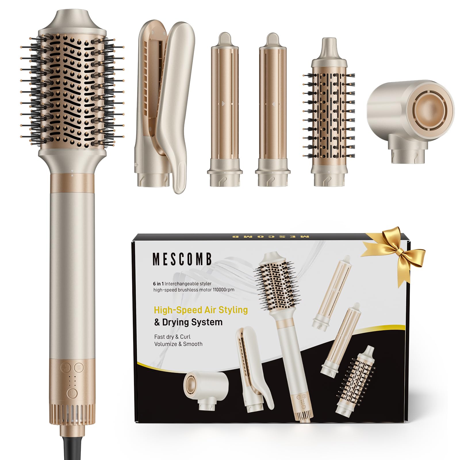 White Smoke MESCOMB 6 in 1 Hair Dryer and Straightener, Hot Air Styler Wrap - Fast Drying, 1400W Air Dryer with Straightener, Frizz-Free Blowout Brush for Smoothing & Curling, Volumizing
