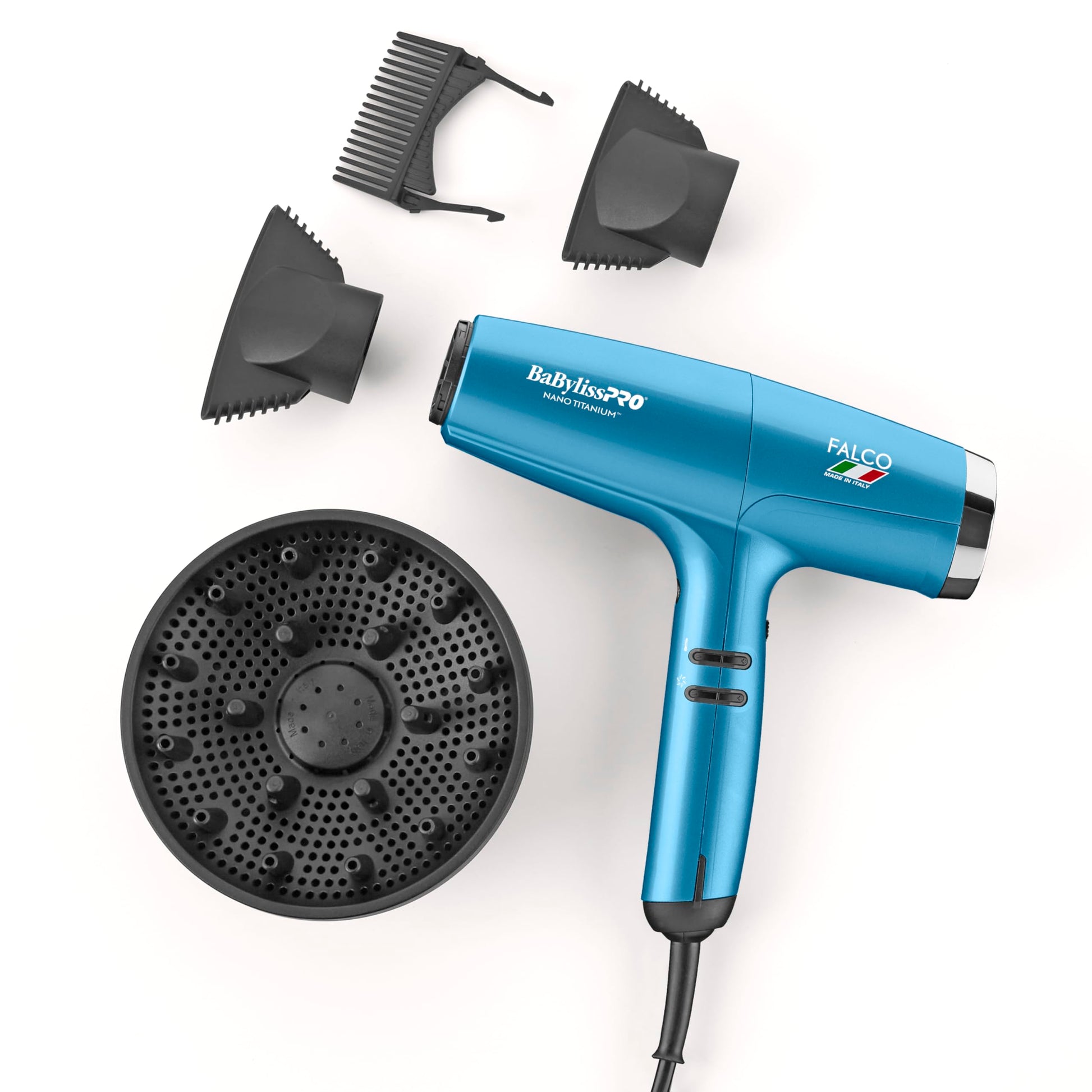 White Smoke BaBylissPRO Nano Titanium Professional Italian High-Speed Falco Hair Dryer with Concentrator Nozzles, 2000-Watt Ionic Blow Dryer with Diffuser