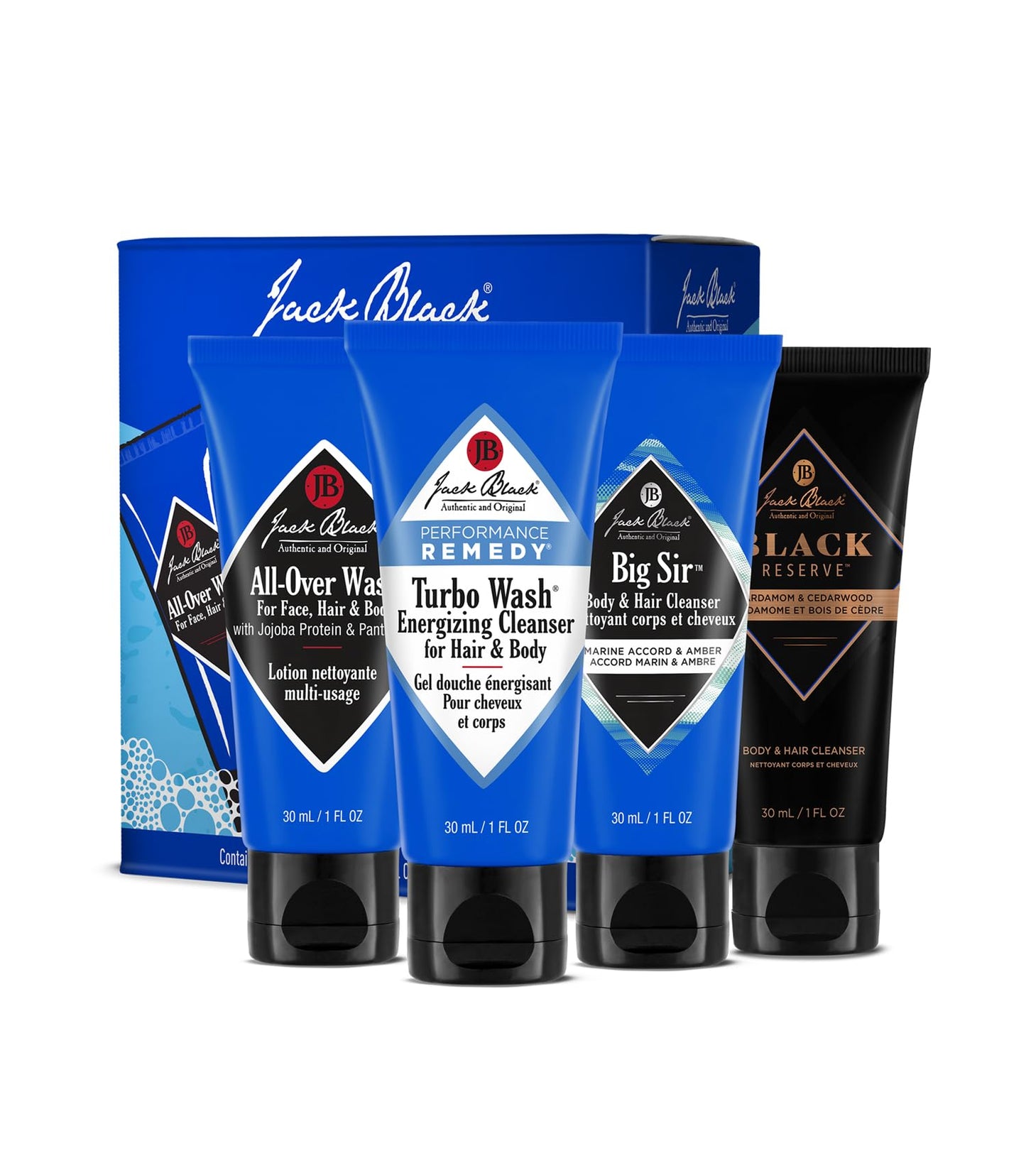 White Smoke Jack Black - Variety Kit Body & Hair Cleanser Collection Set for Men - Mens Body Wash Travel Size (4-Pack)