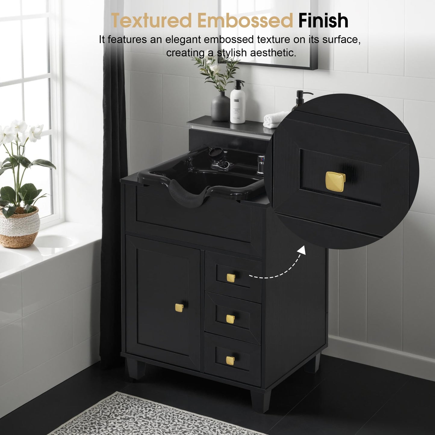 Dark Slate Gray BarberPub Barber Storage Shampoo Station, Spa Textured Embossed Cabinet with Shampoo bowl & Drawers, Hair Salon Sink Backwash Equipment 7131 (Black)