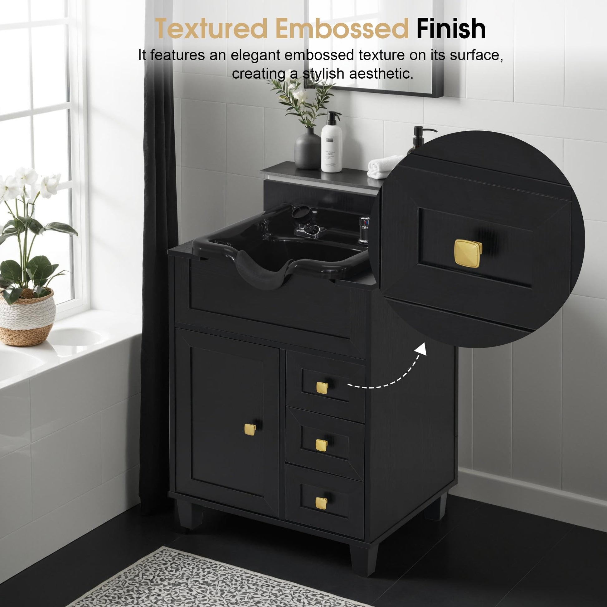 Dark Slate Gray BarberPub Barber Storage Shampoo Station, Spa Textured Embossed Cabinet with Shampoo bowl & Drawers, Hair Salon Sink Backwash Equipment 7131 (Black)