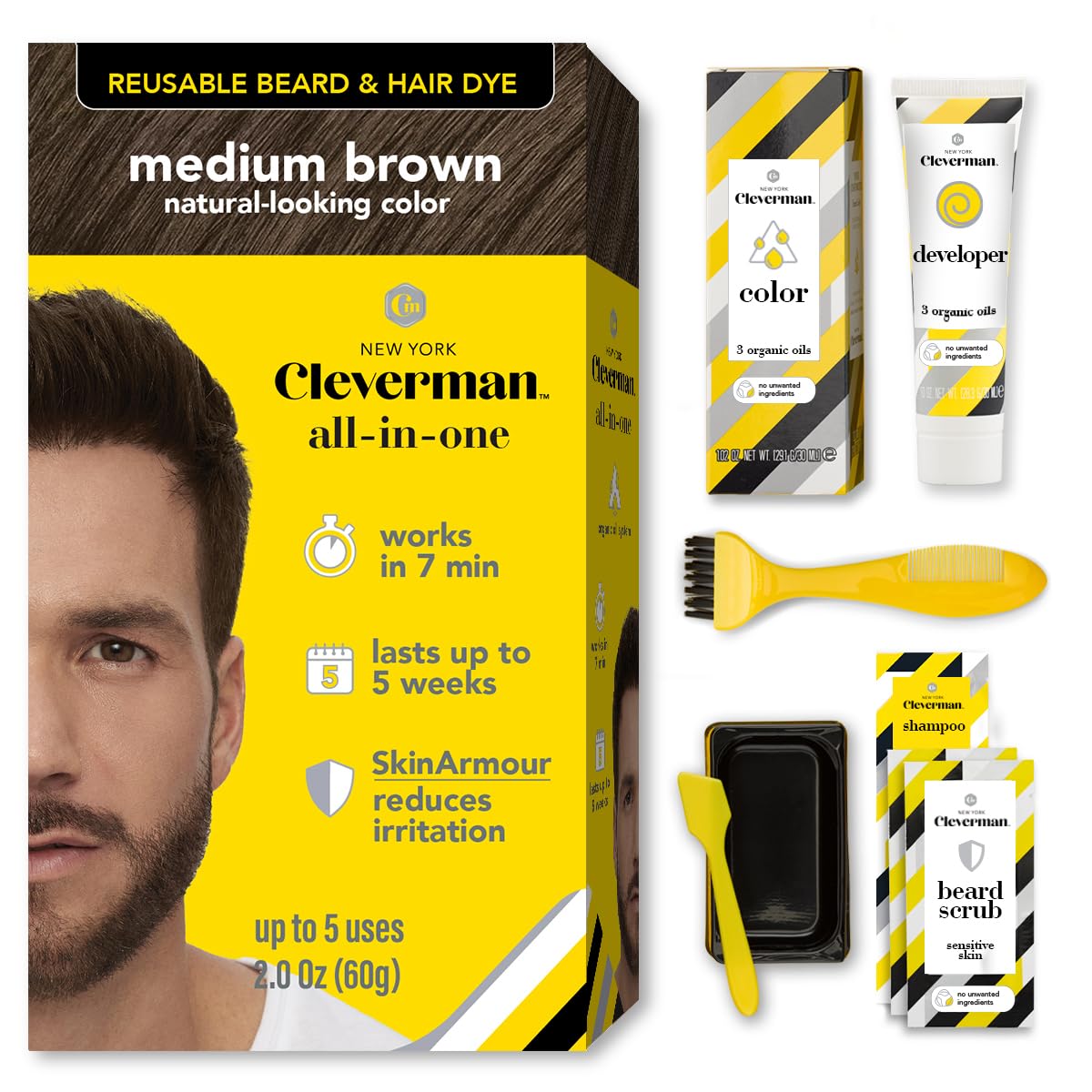 White Smoke 2X Reusable Hair & Beard Dye for Men – Medium Brown | Up to 10 Uses, 7 Minutes | Natural Gray Coverage, No-Drip Cream with SkinArmour® – Cleverman