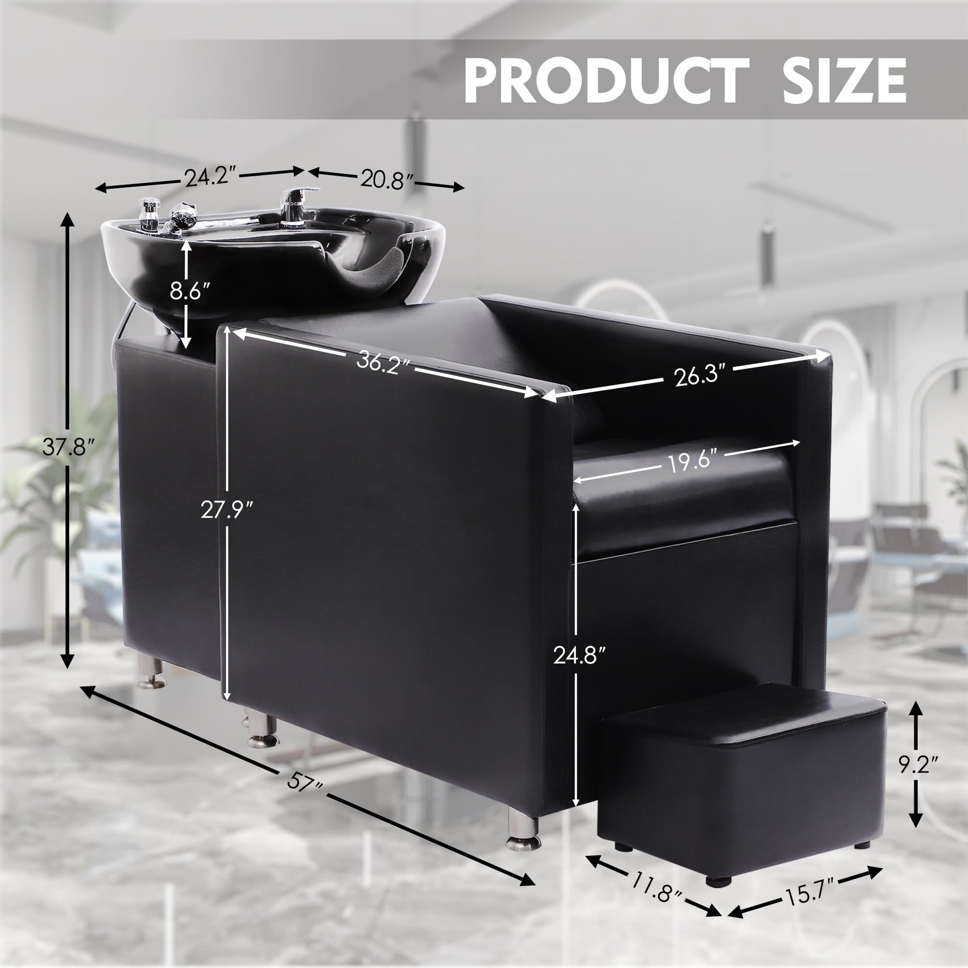 Gray KIGOTY Shampoo Backwash Unit, Shampoo Bowl and Chair Set with Ceramic Sink, Reclining Shampoo Station with Footrest, Backwash Barber Chair for Salon Spa, Black