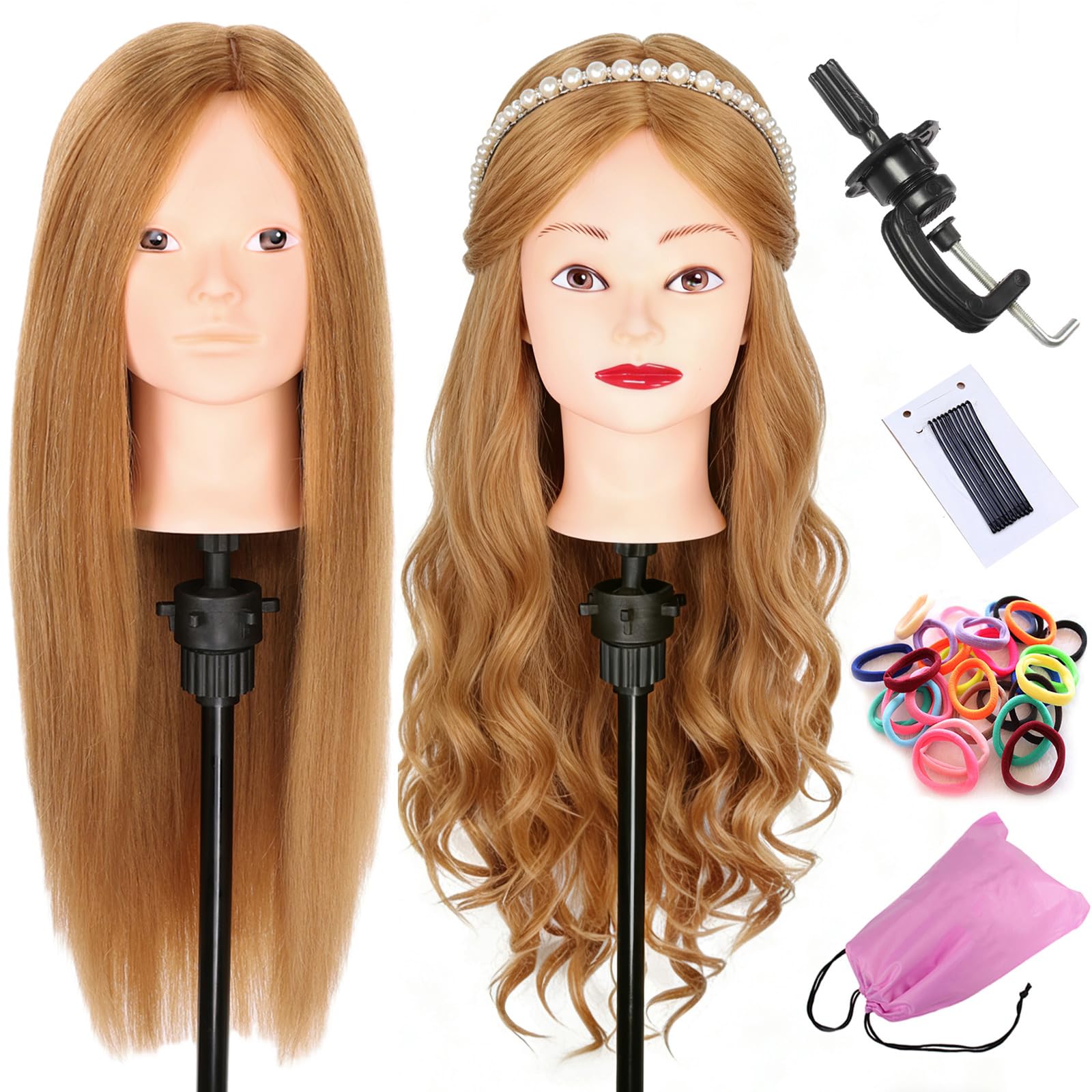 White Smoke Mannequin Head With Human Hair 22-24 Inch Blonde 60% Real Hair Cosmetology Manicans Head for Practicing Braiding Styling Cutting Doll Head with Clamp Holder