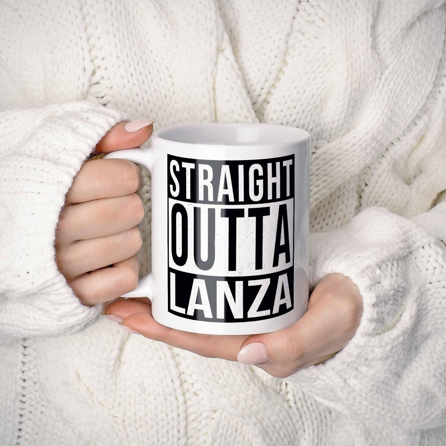 Light Gray Lanza Last Name Gift. Personalized, Custom "Straight Outta" Surname Sign Coffee Mug. 11 Ounces.