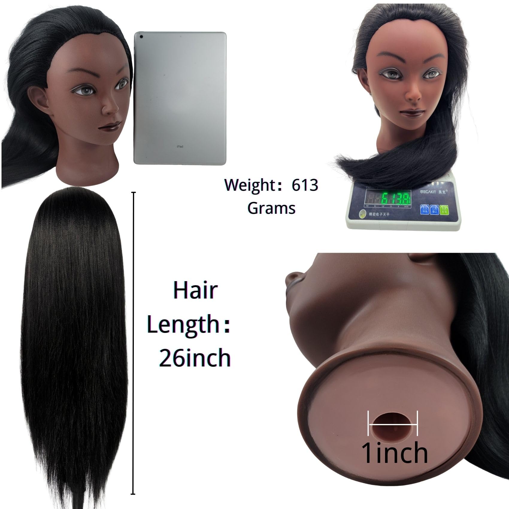 White Smoke 26-28“ Hair Mannequin Head for Beginners Braiding Hair Styling Practice, Manikin Updo's Training Doll Head for kids with Stand
