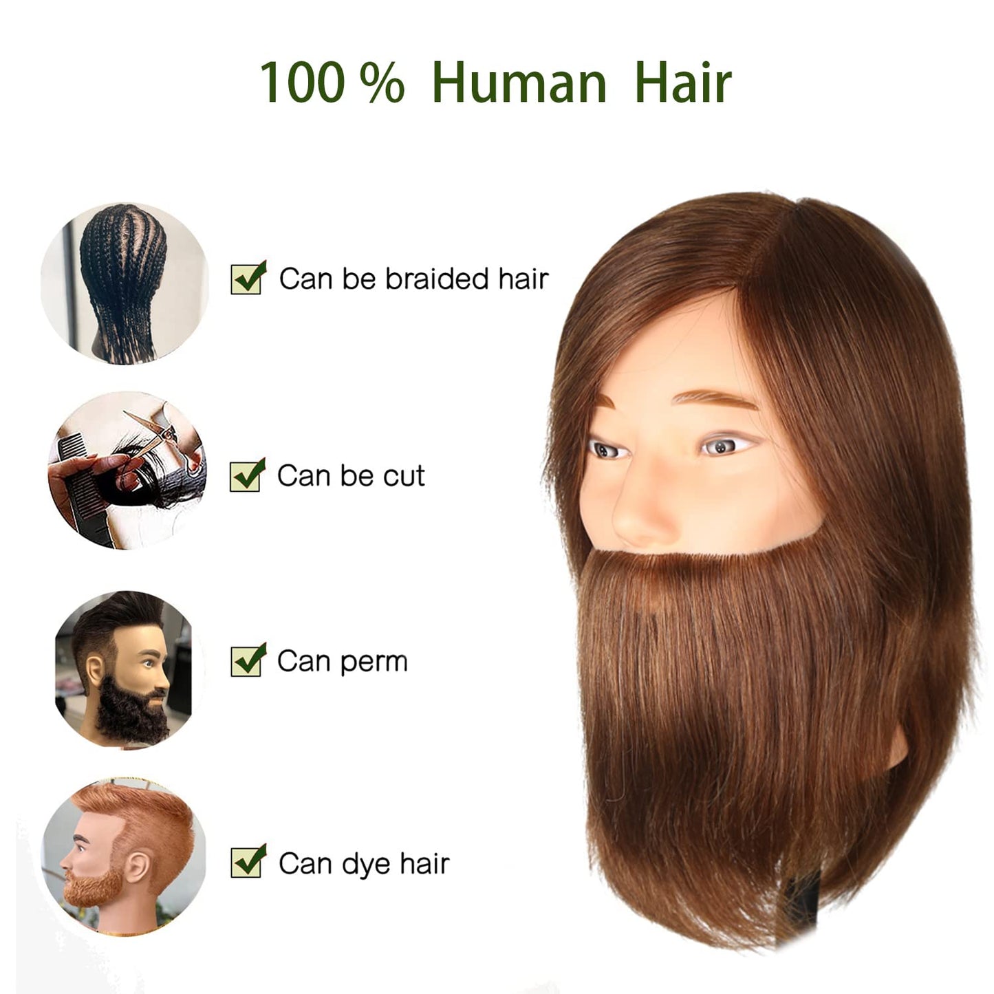 White Smoke Romance Queen Male Mannequin Head With Hair Human Hair Manikin For Men Cosmetology 8inch Straight Beard Manikin Head With Human Hair with Stand Practice Cutting Styling (8inch)