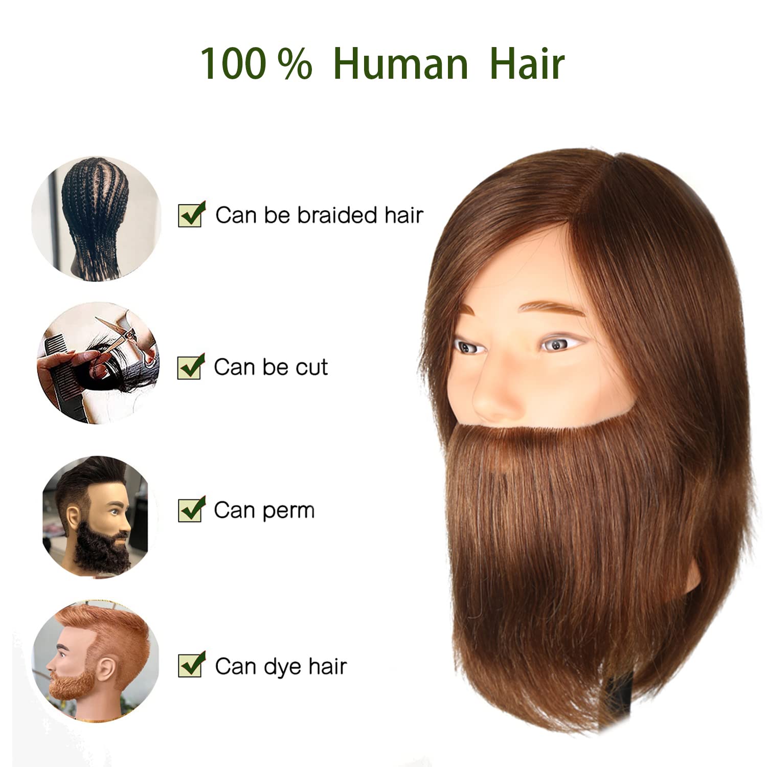 White Smoke Romance Queen Male Mannequin Head With Hair Human Hair Manikin For Men Cosmetology 8inch Straight Beard Manikin Head With Human Hair with Stand Practice Cutting Styling (8inch)