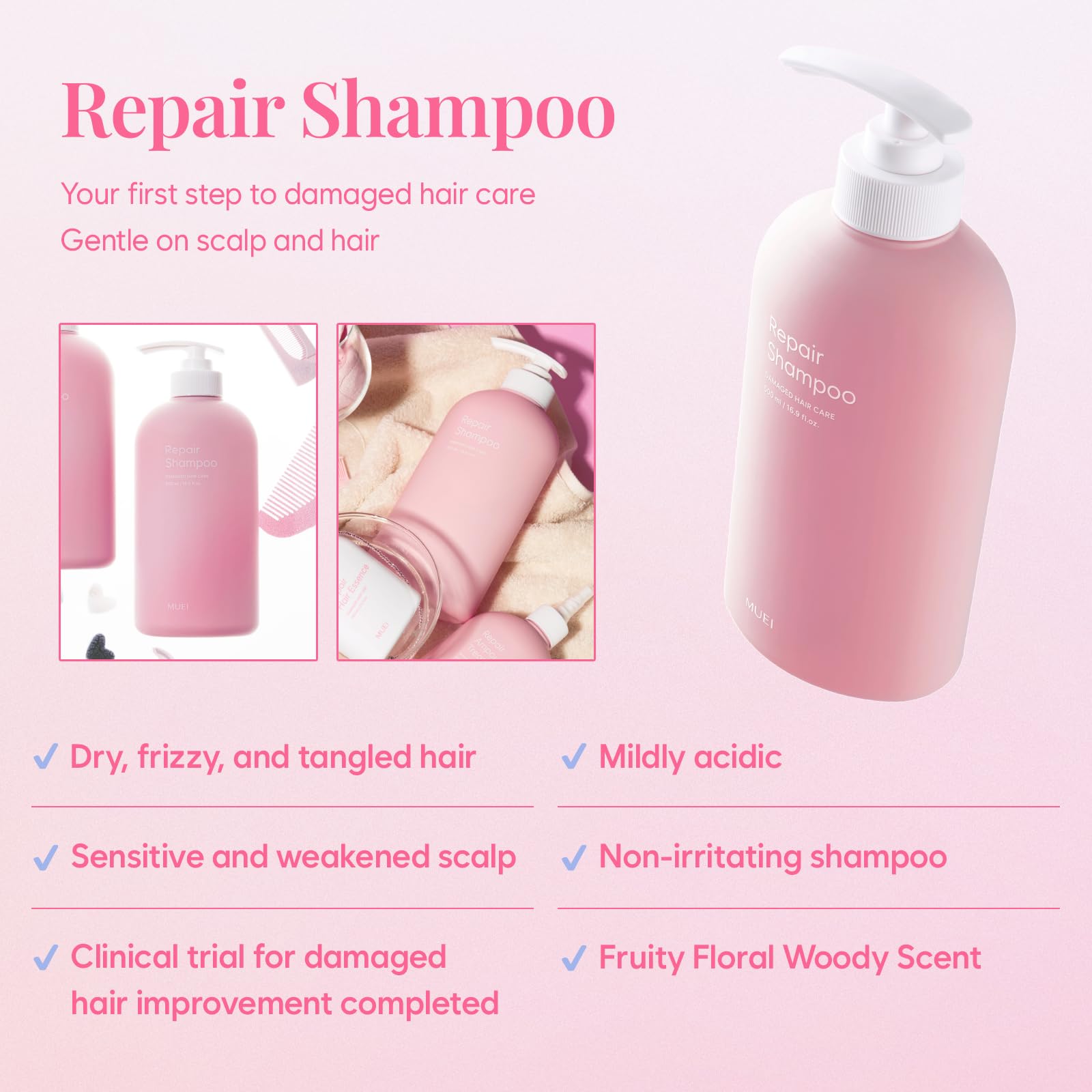 Misty Rose MUEI Repair Hair Shampoo - Korean Hair care with Self Hair Salon Care for Extremely Damaged Hair | Regrowth hair | probarrier ceramide | Protein | Propolis, 16.9 fl.oz
