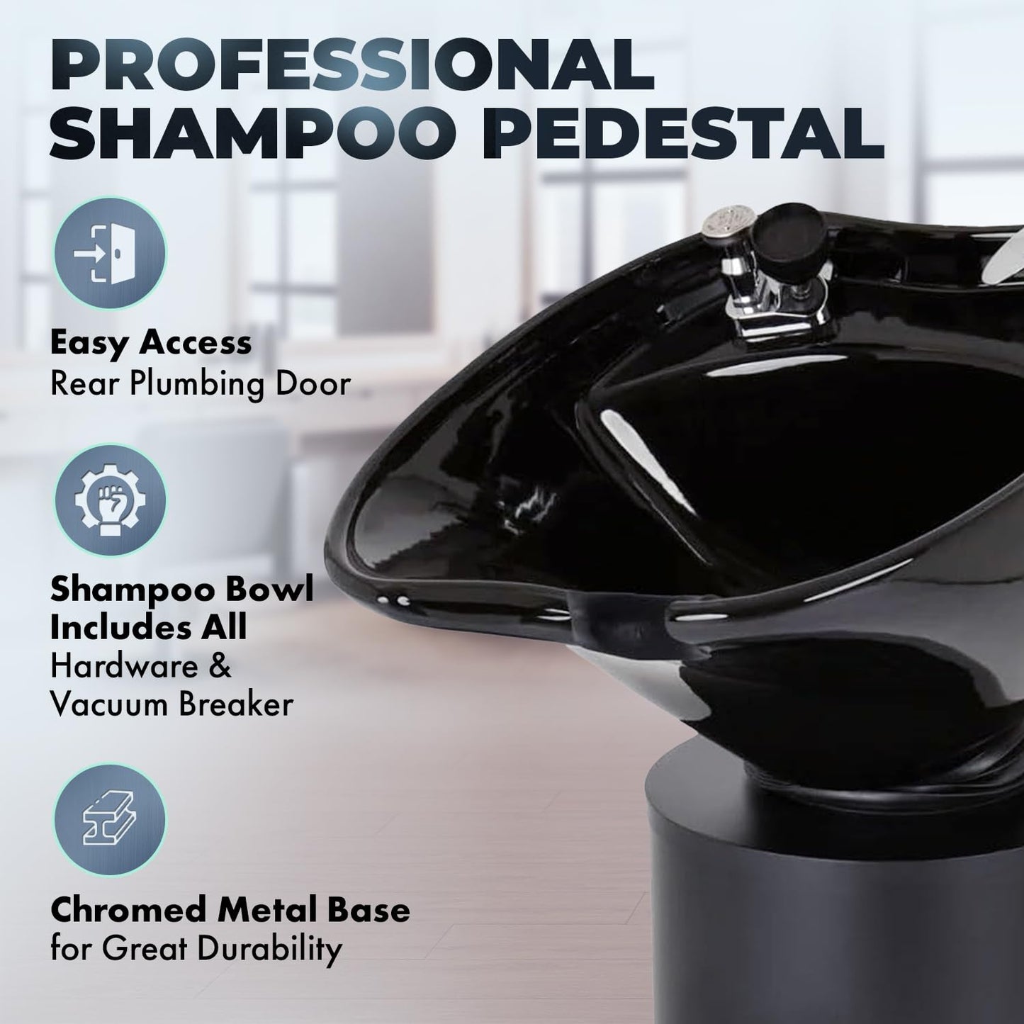 Black Buy-Rite Paris Pedestal Shampoo Unit - Tilting Porcelain Bowl with Black Metal Base, Silicone Neckrest, Rear Plumbing Access Door, Complete Hardware & Vacuum Breaker Included, NIN-030BLACKBASE-BLK