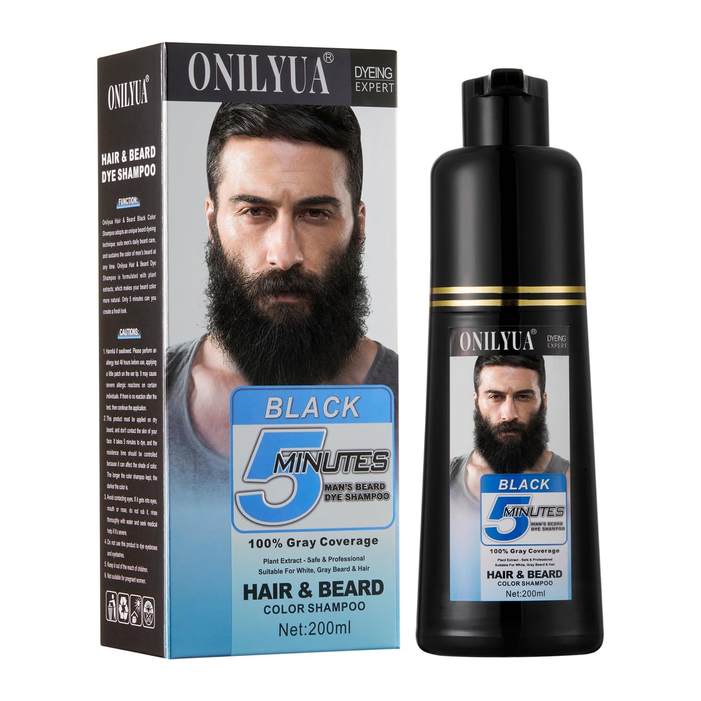 White Smoke Men's Black Beard Dye, Black Hair Dye for Gray Hair Coverage, 3 in 1 Hair Dye Shampoo, Mustache & Beard Dye for Men, Quick & Easy to Use at Home, Long Lasting Beard Color for Men 200ML