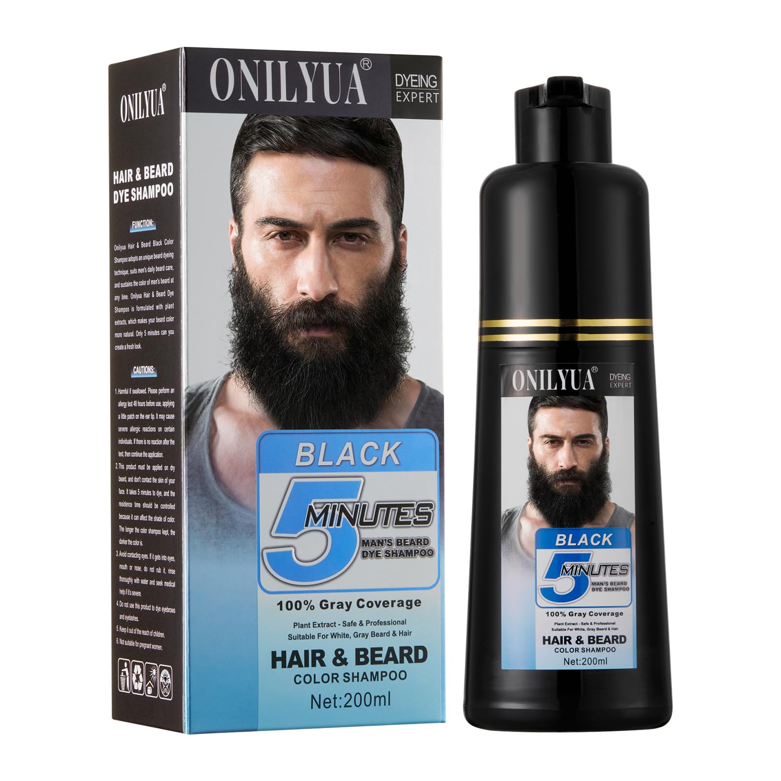 White Smoke Men's Black Beard Dye, Black Hair Dye for Gray Hair Coverage, 3 in 1 Hair Dye Shampoo, Mustache & Beard Dye for Men, Quick & Easy to Use at Home, Long Lasting Beard Color for Men 200ML
