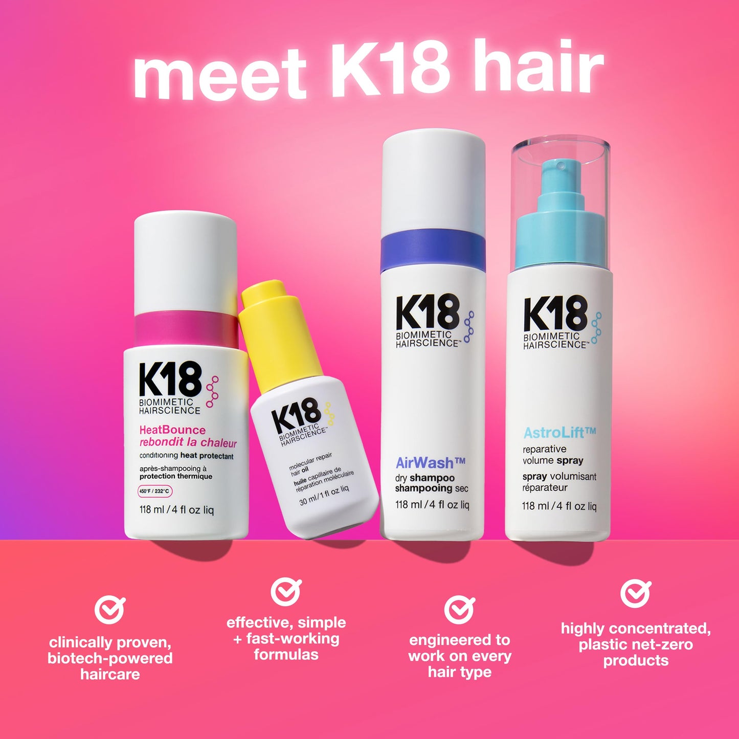 Pale Violet Red K18 HeatBounce Conditioning Heat Protectant Spray, Lightweight Leave-In Conditioner + 450℉ (232°C) Heat Protection, Soften, Smooth + Detangle All Hair Types, 4 Fl Oz Liq