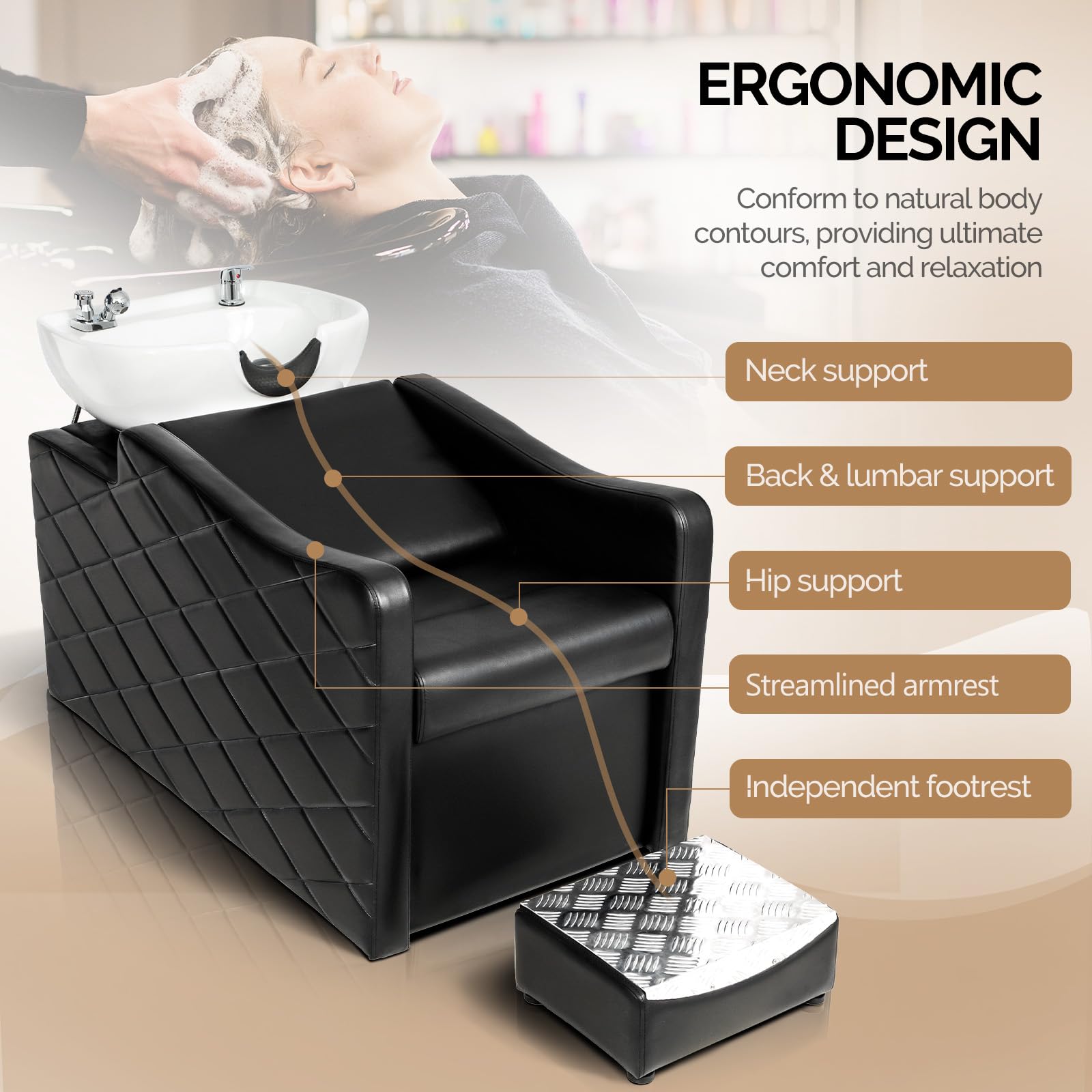 Dark Slate Gray OmySalon Shampoo Bowl and Chair Set for Salon, Hair Washing Station with Ceramic Shampoo Sink, UPC Certificated Vacuum Breaker, Neck Rest, Backwash Shampoo Unit for Barbershop Beauty Spa