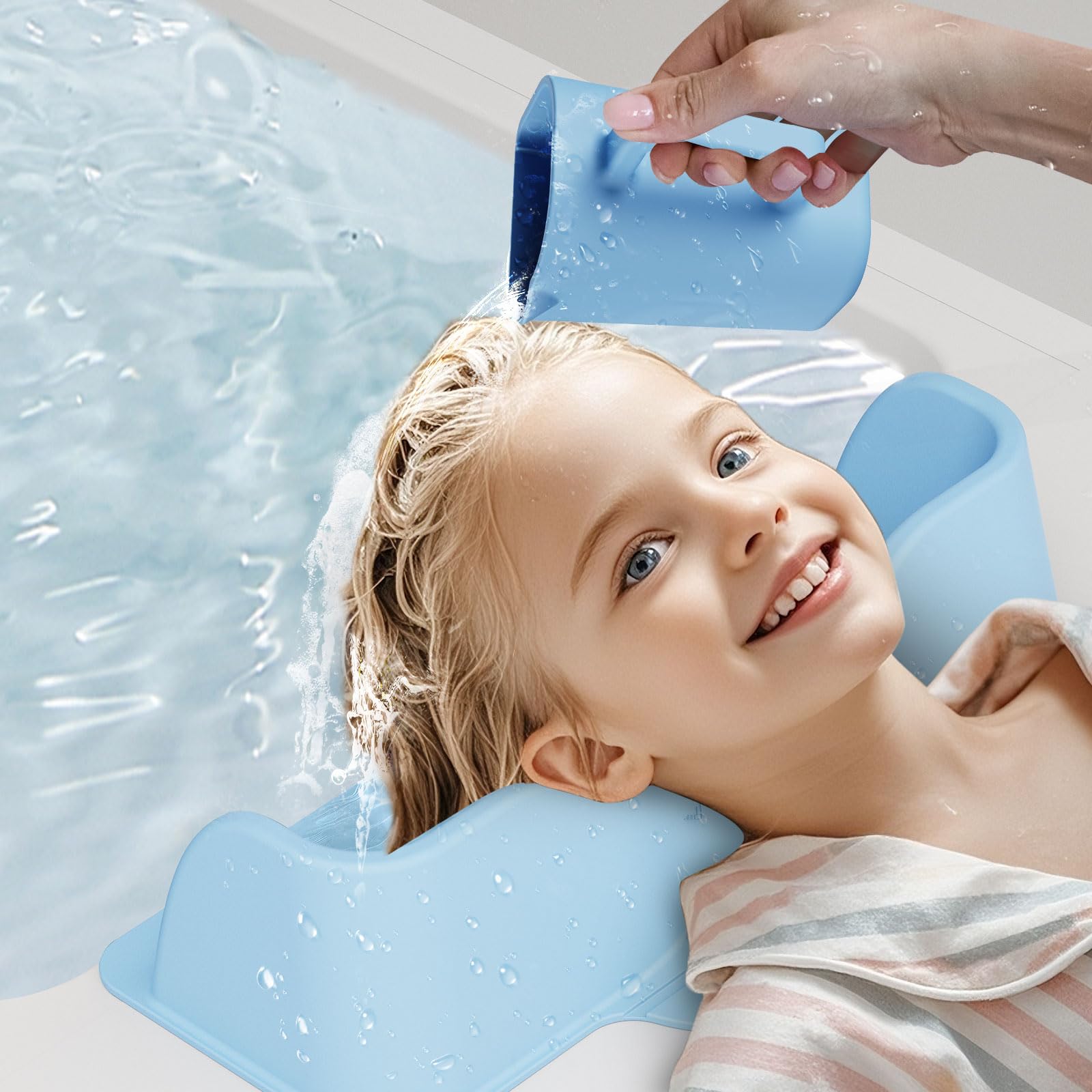 Light Gray Silicone Portable Hair Wash Station for Kids, Hair Washing Basin with Rinse Cup for Children, Toddlers and Teens on Bathtub or Sink, Tear-Free Shampoo Bowl for Children (Blue)
