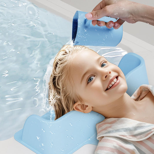 Light Gray Silicone Portable Hair Wash Station for Kids, Hair Washing Basin with Rinse Cup for Children, Toddlers and Teens on Bathtub or Sink, Tear-Free Shampoo Bowl for Children (Blue)