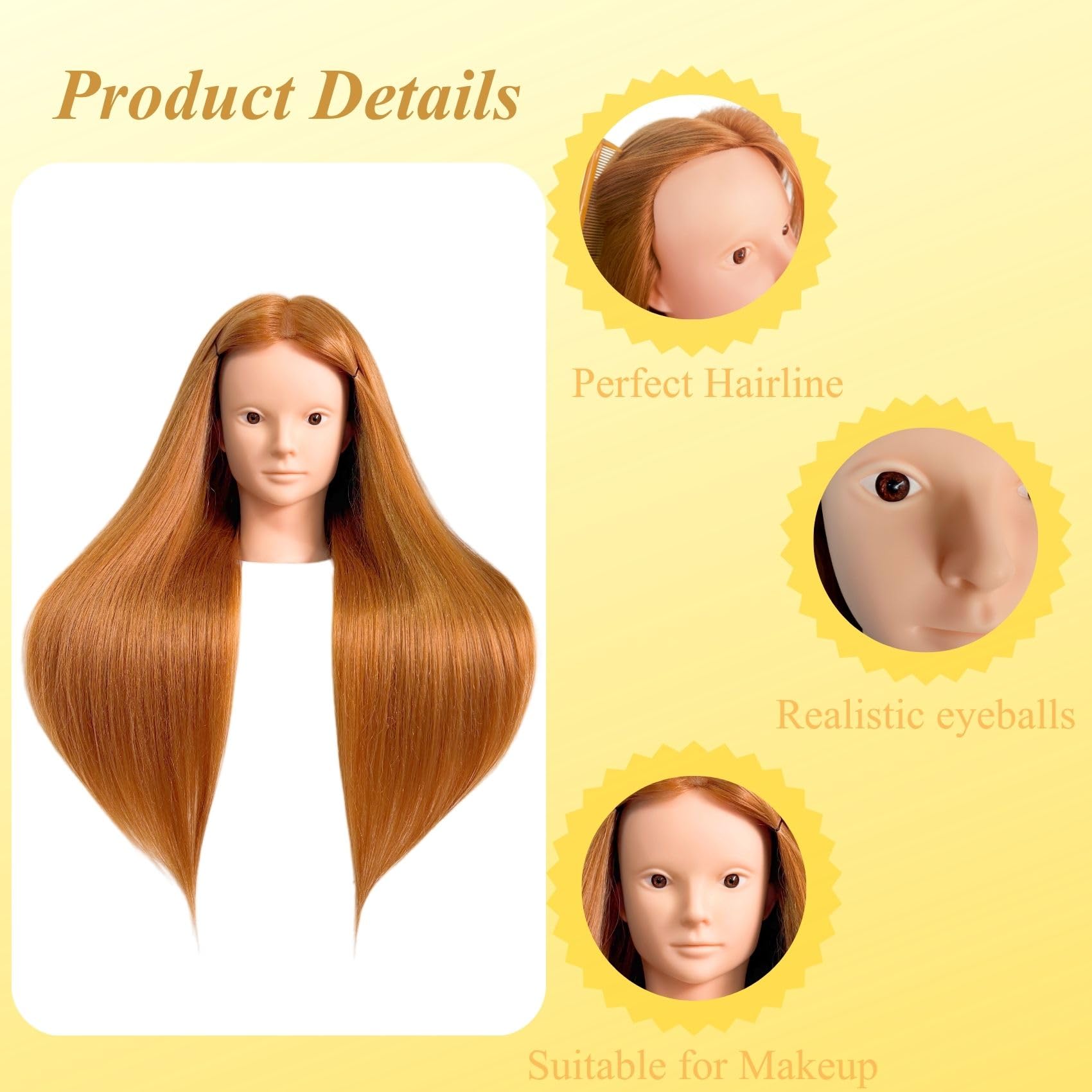 White Smoke Makeup Mannequin Head with 80% Light Auburn Real Hair, Practice Hair Mannequin Head for Hair Styling, 28" Cosmetology Training Doll Head for Kids
