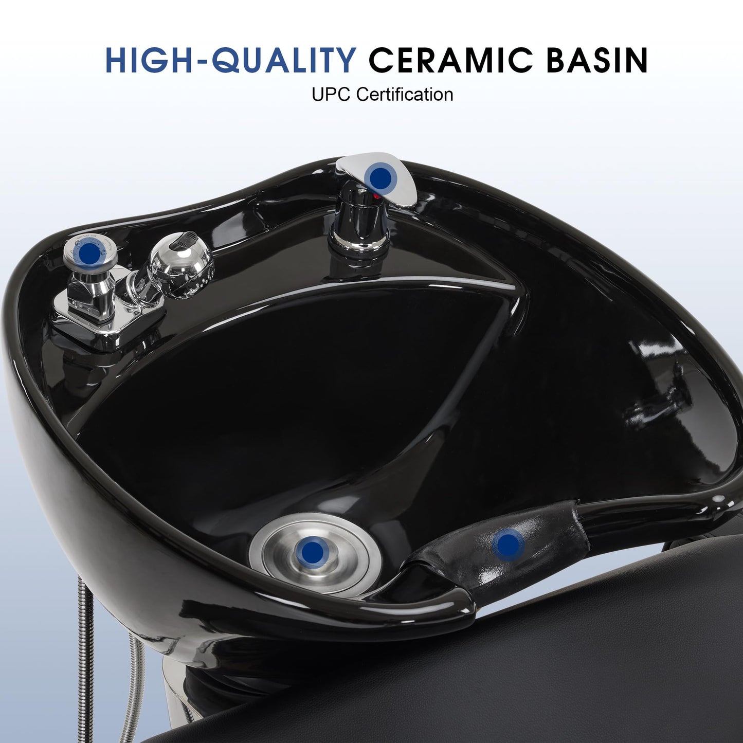 Black BarberPub Backwash Shampoo Station Chair, Adjustable Porcelain Ceramic Hair Wash Bowl Sink Unit Station, Reclining Shampoo Station Chair for Spa Beauty Salon Hair Salon Equipment 9303 (Black)