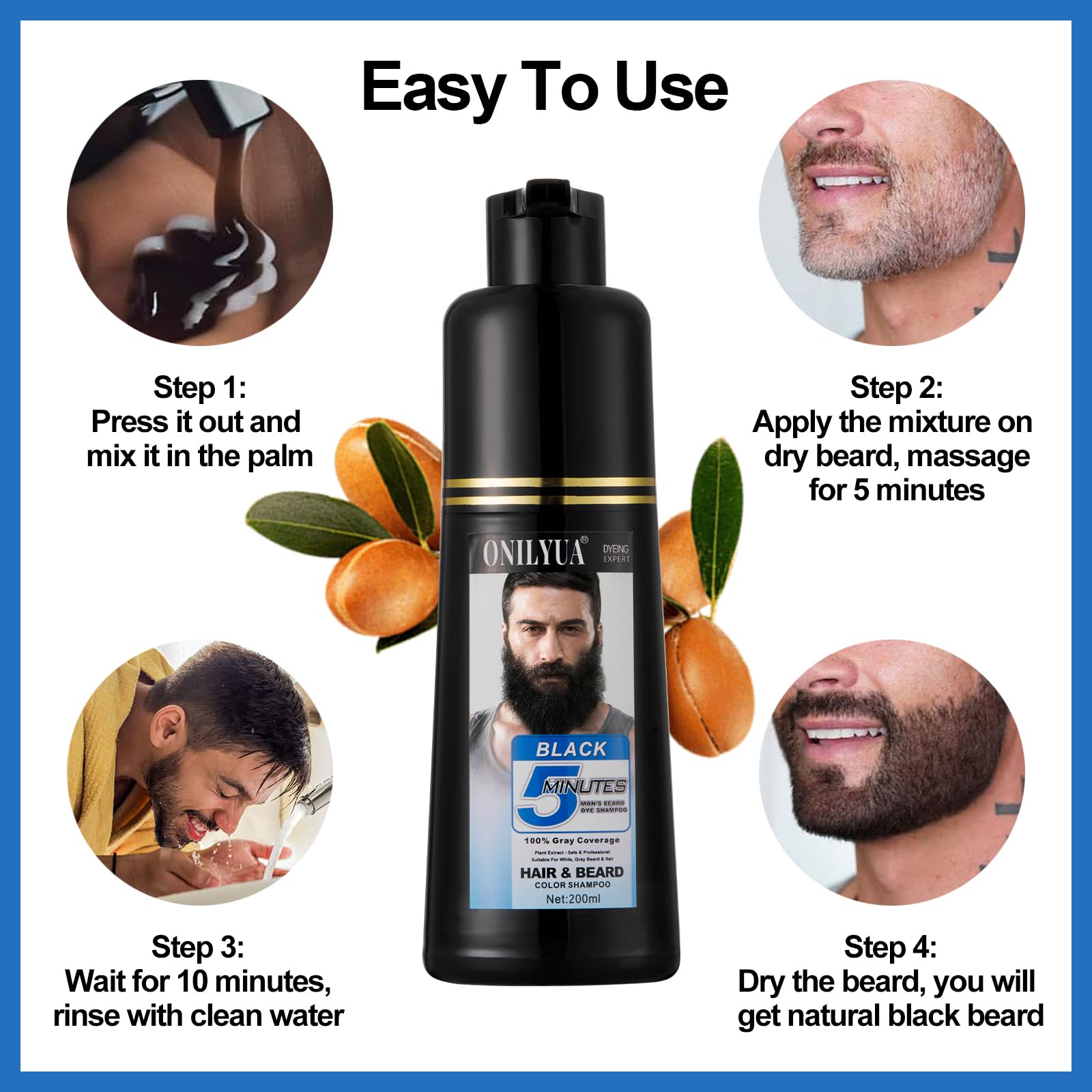 White Smoke Men's Black Beard Dye, Black Hair Dye for Gray Hair Coverage, 3 in 1 Hair Dye Shampoo, Mustache & Beard Dye for Men, Quick & Easy to Use at Home, Long Lasting Beard Color for Men 200ML