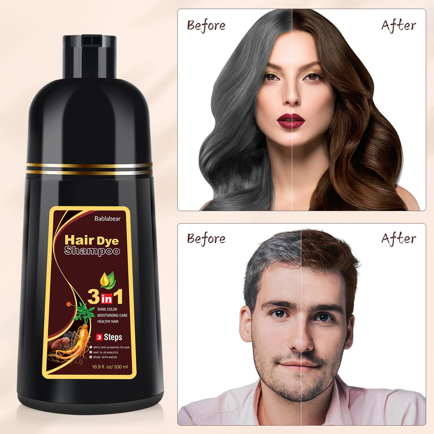 White Smoke Bablabear Dark Brown Hair Color Shampoo for Gray Hair 500ML Instant Hair Dye Shampoo for Men & Women-3 in 1 Color Shampoo