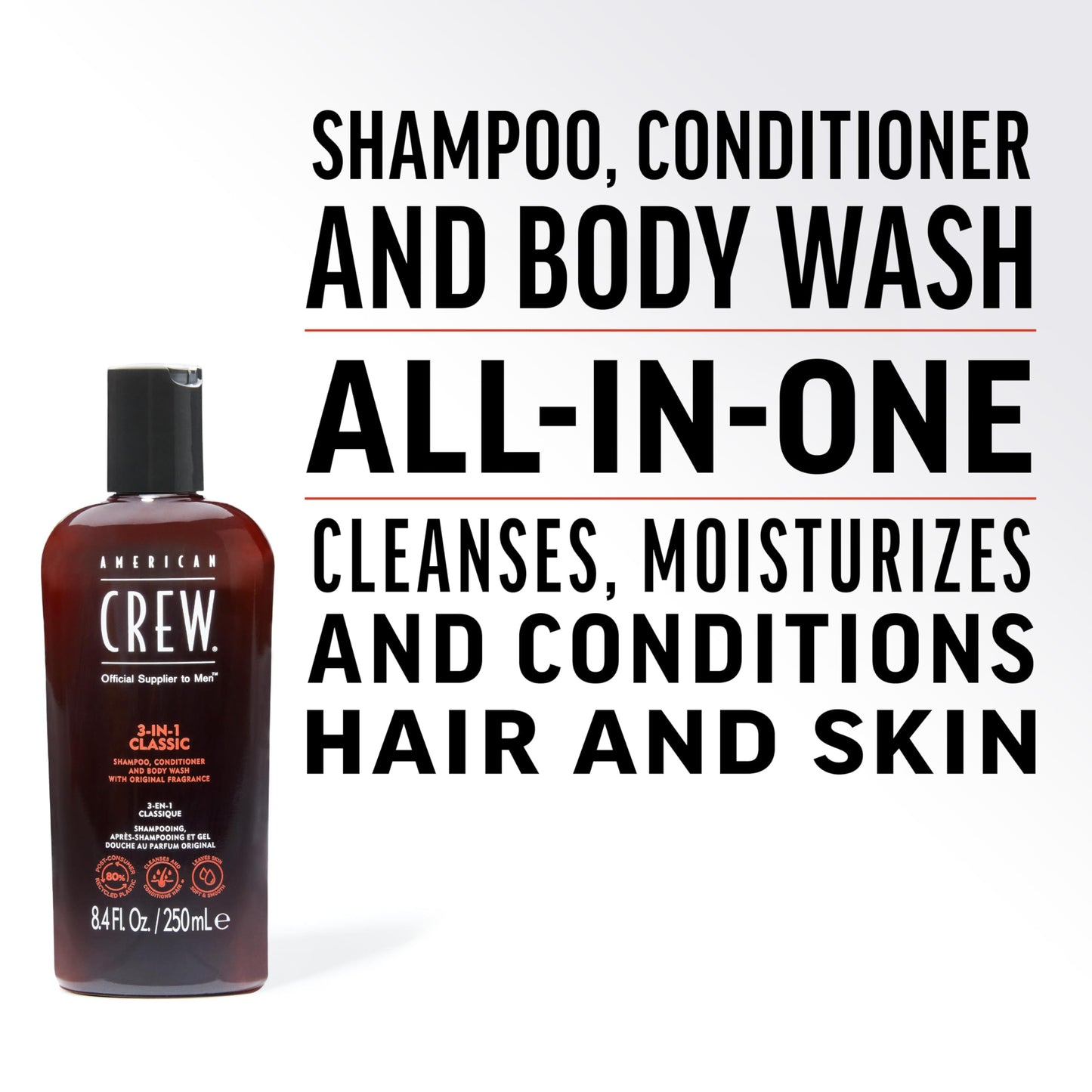 White Smoke American Crew Shampoo, Conditioner & Body Wash for Men, 3-in-1, 33.8 Fl Oz