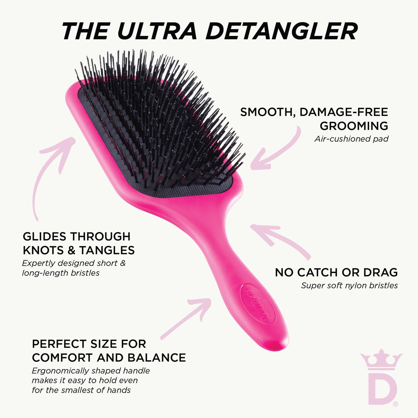 White Smoke Denman Tangle Tamer Ultra (Pink) Detangling Paddle Brush For Curly Hair And Black Natural Hair - use with both Wet & Dry Hair, D90L