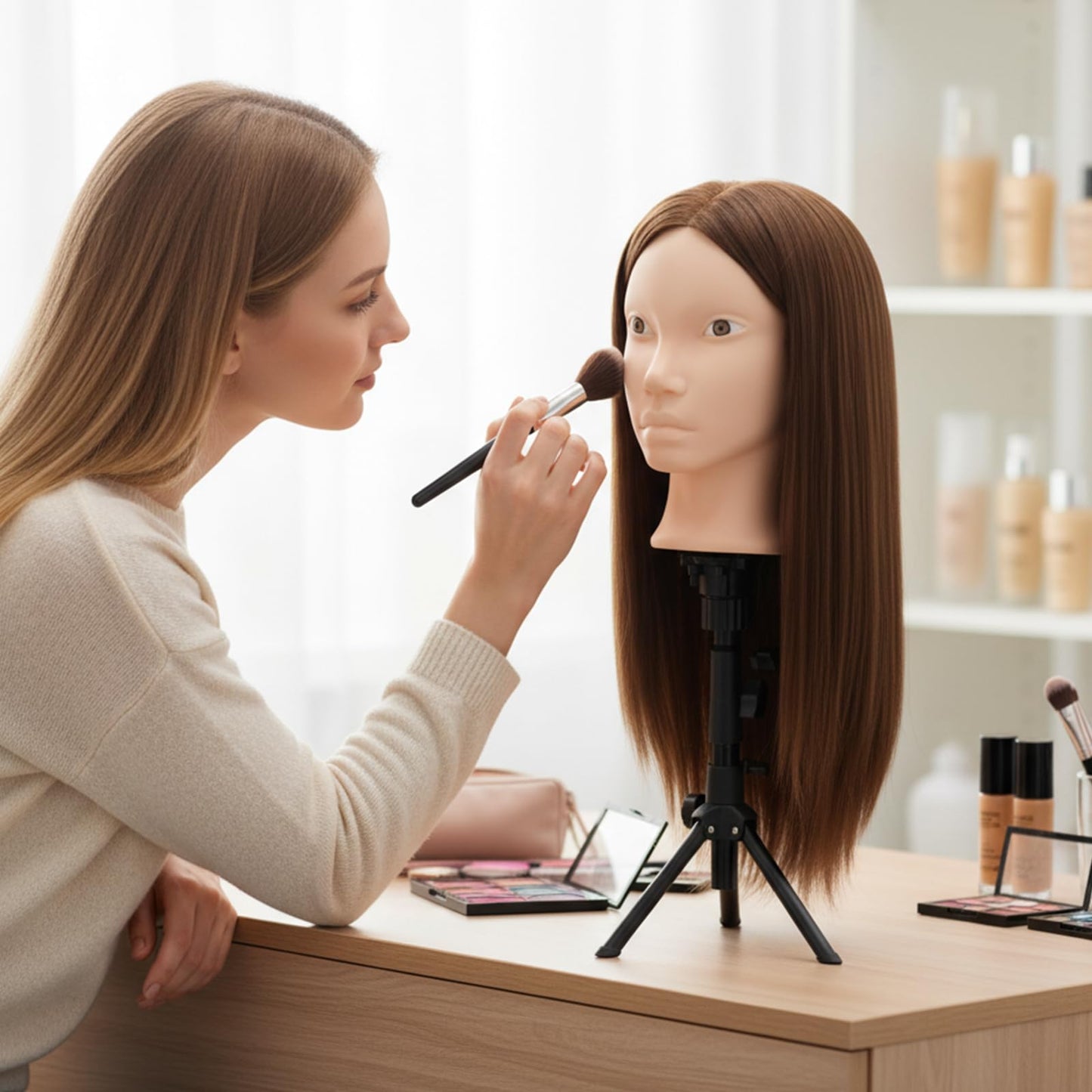 White Smoke Mannequin Head with 80% Real Human Hair, Beauty star 26" Cosmetology Manikin Head, Doll Head for Hair Styling to Practice on, Hairdressing Training Braiding Heads with Clamp Stand Holder Kit