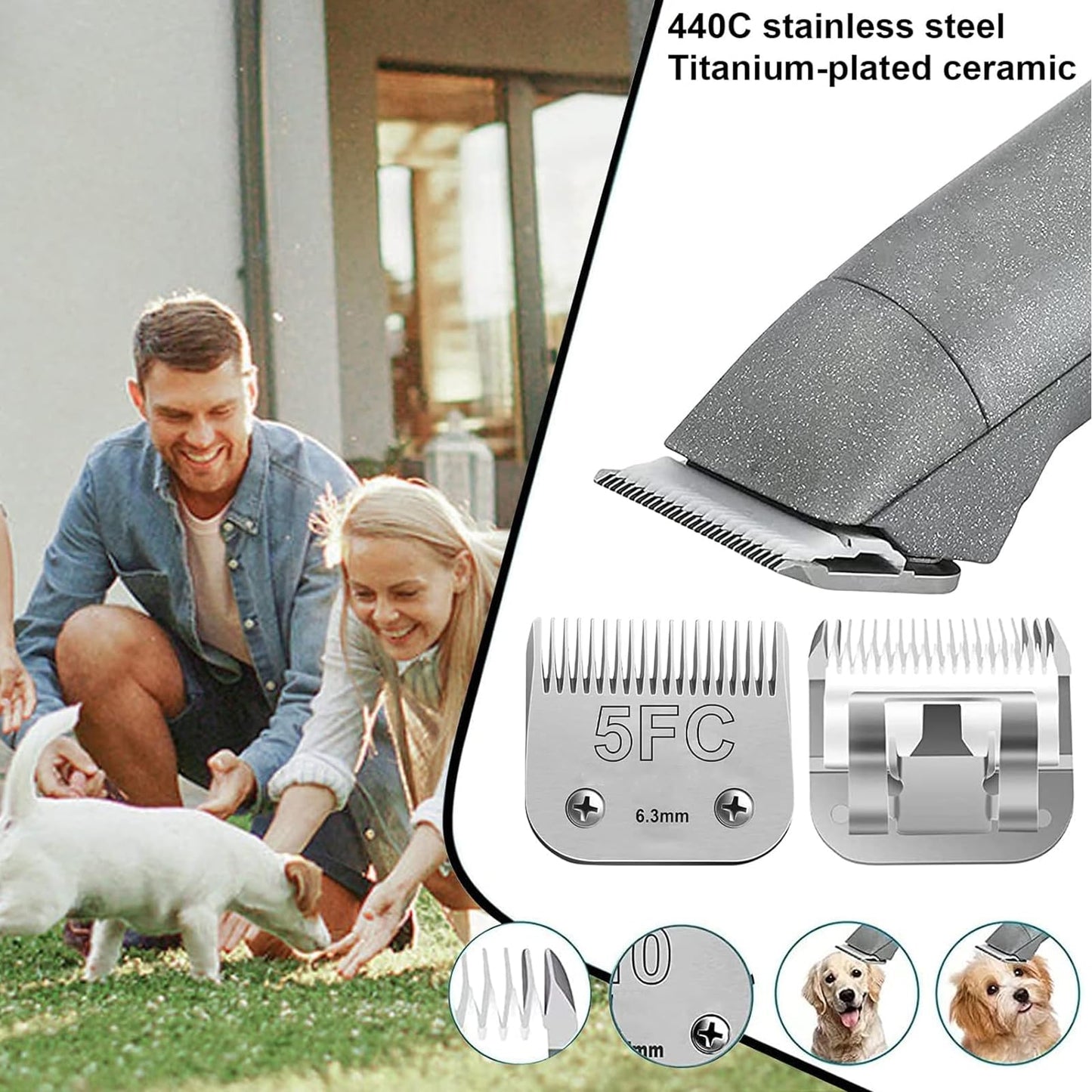 White Smoke 4pcs Dog Grooming Blades Compatible with Andis Dog Clippers,Detachable Ceramic Blade & Stainless Steel Blade (3FC+4FC+5FC+7FC)