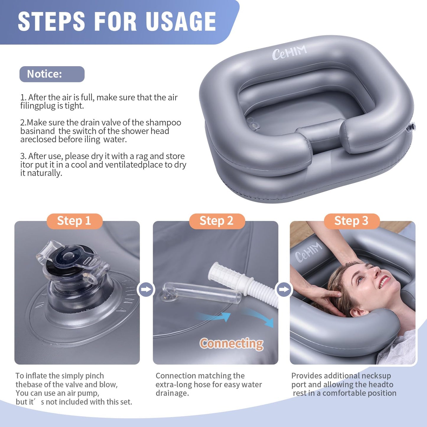 White Smoke Cehim Inflatable Shampoo Basin - Portable Shampoo Bowl, Hair Washing Basin for Bedridden, Disabled,Injured, Hair Wash Tub for Dreadlocks and at Home Sink Washing
