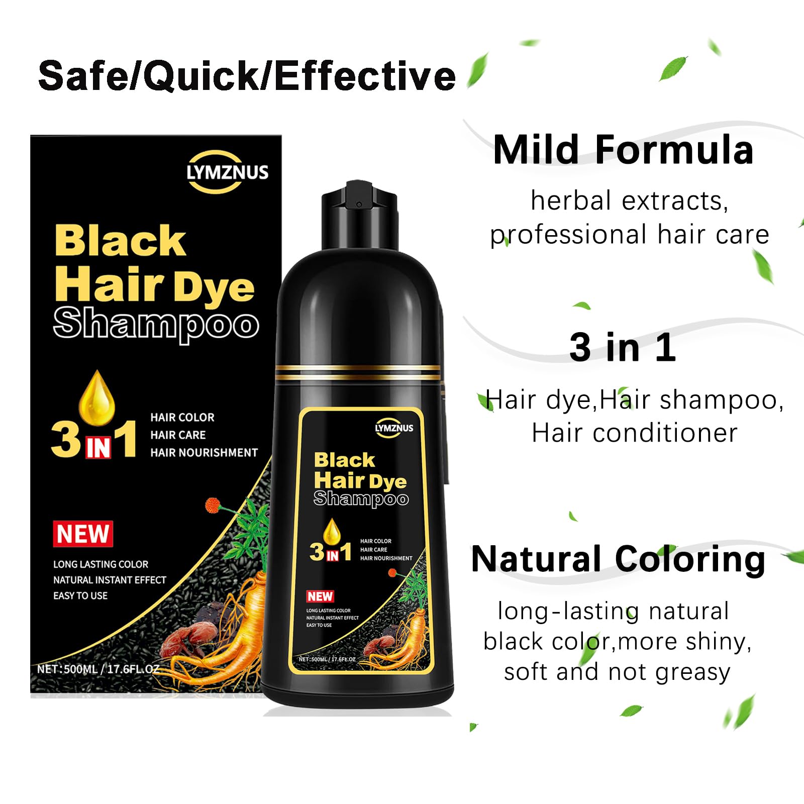 White Smoke lymznus Herbal Black Hair Dye Shampoo 3 in 1 for Gray Hair, Instant Hair Color Shampoo for Women & Men, Black Hair Shampoo for 100% Grey Coverage 500ML