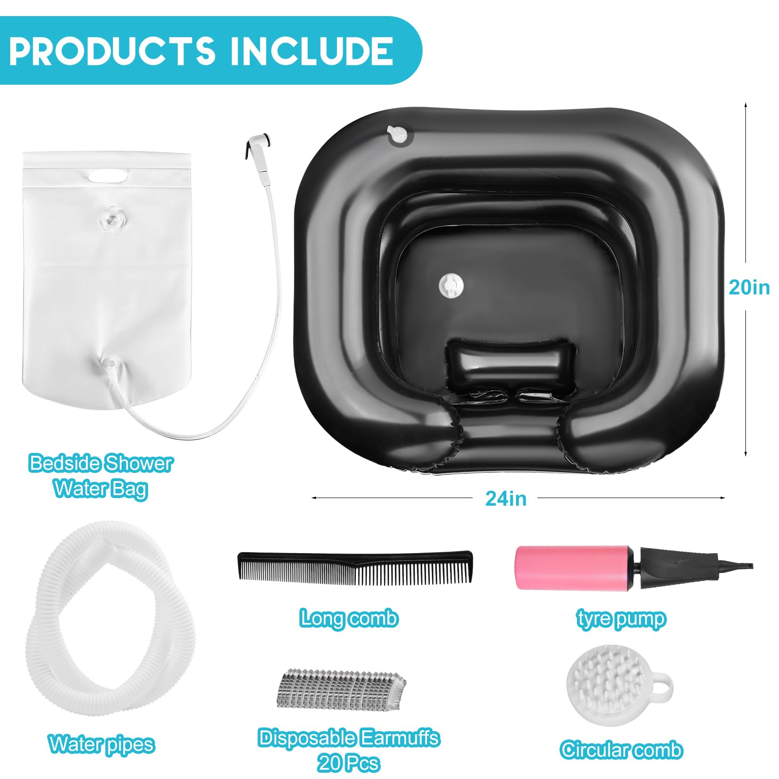 White Smoke Inflatable Shampoo Basin, Loc Detox Tub for Dreads, Shampoo Buddy Bowl for Bedridden, Disabled,Injured with 2.5 GL Portable Water Shower Bag（Black）