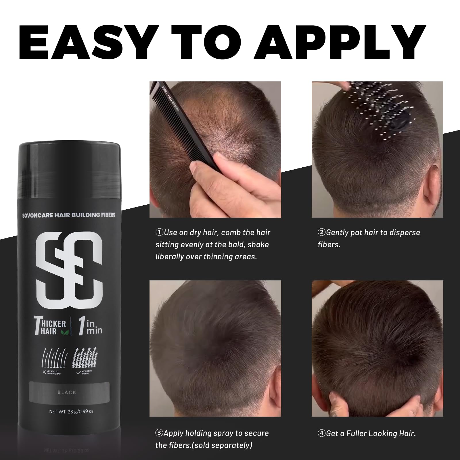 White Smoke SOVONCARE Hair Fibers for Thinning Hair, Black Hair Building Fibers for Bald Spots Undetectable & Natural, Conceals Hair Loss, Fill In Fine Hair Powder Hair Thicker Instantly for Women & Men 28g